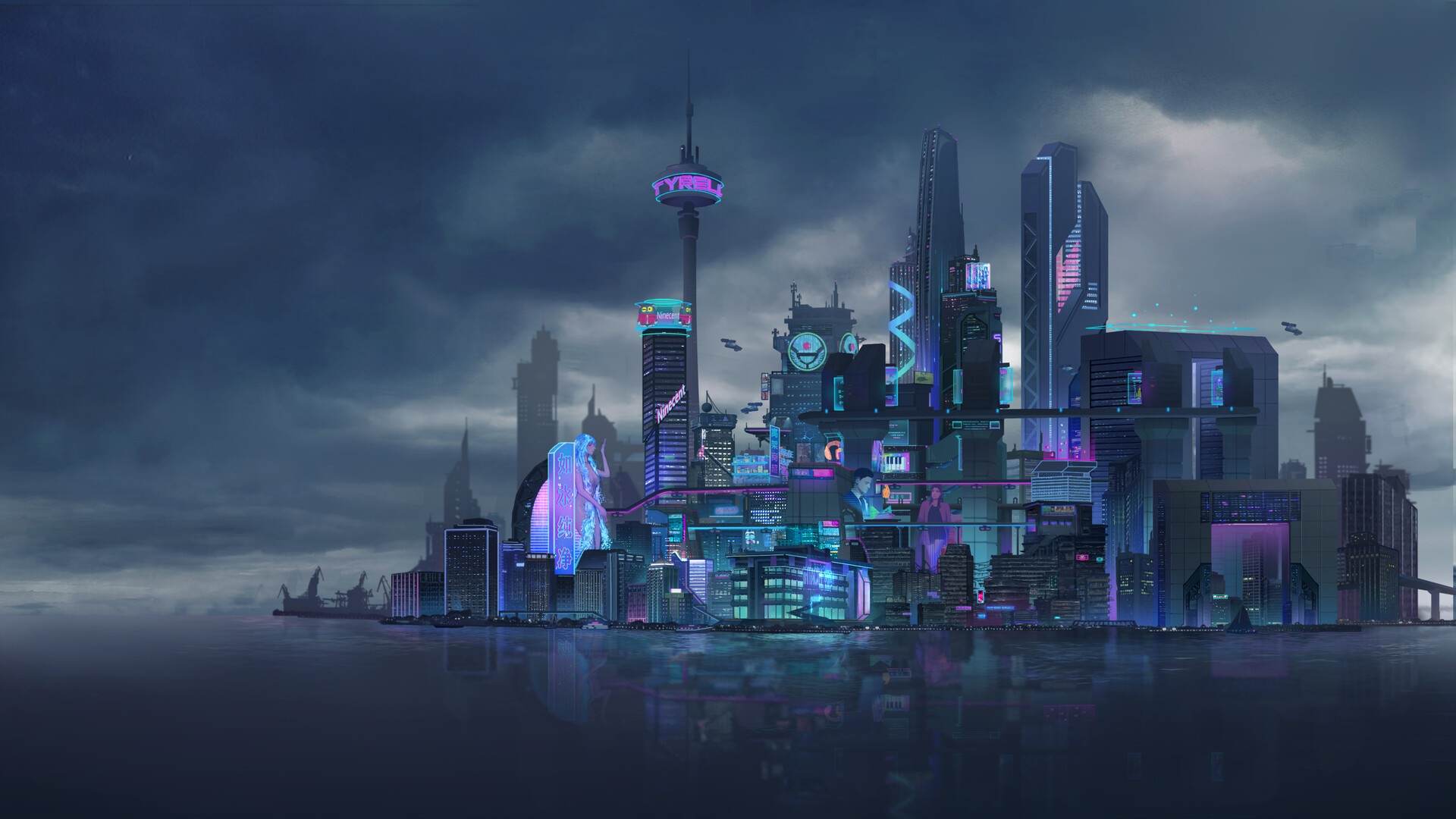 Cyberpunk city skyline with futuristic architecture and neon lights HD Wallpaper