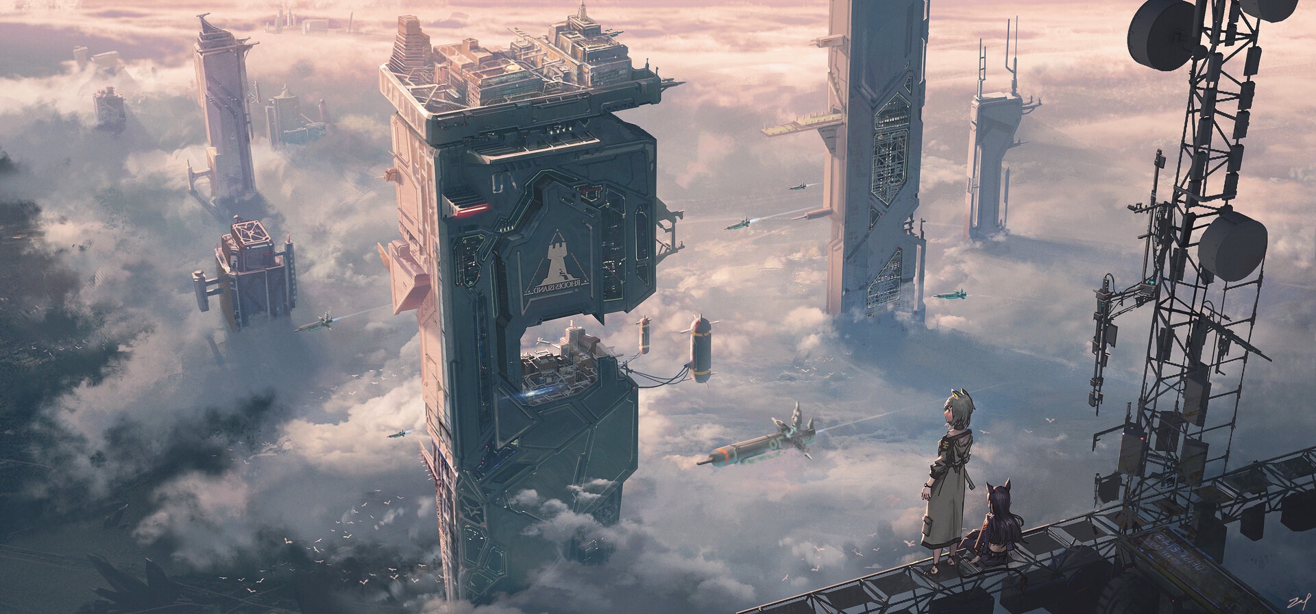 Arknights Rhodes Island Futuristic City in Clouds HD Wallpaper