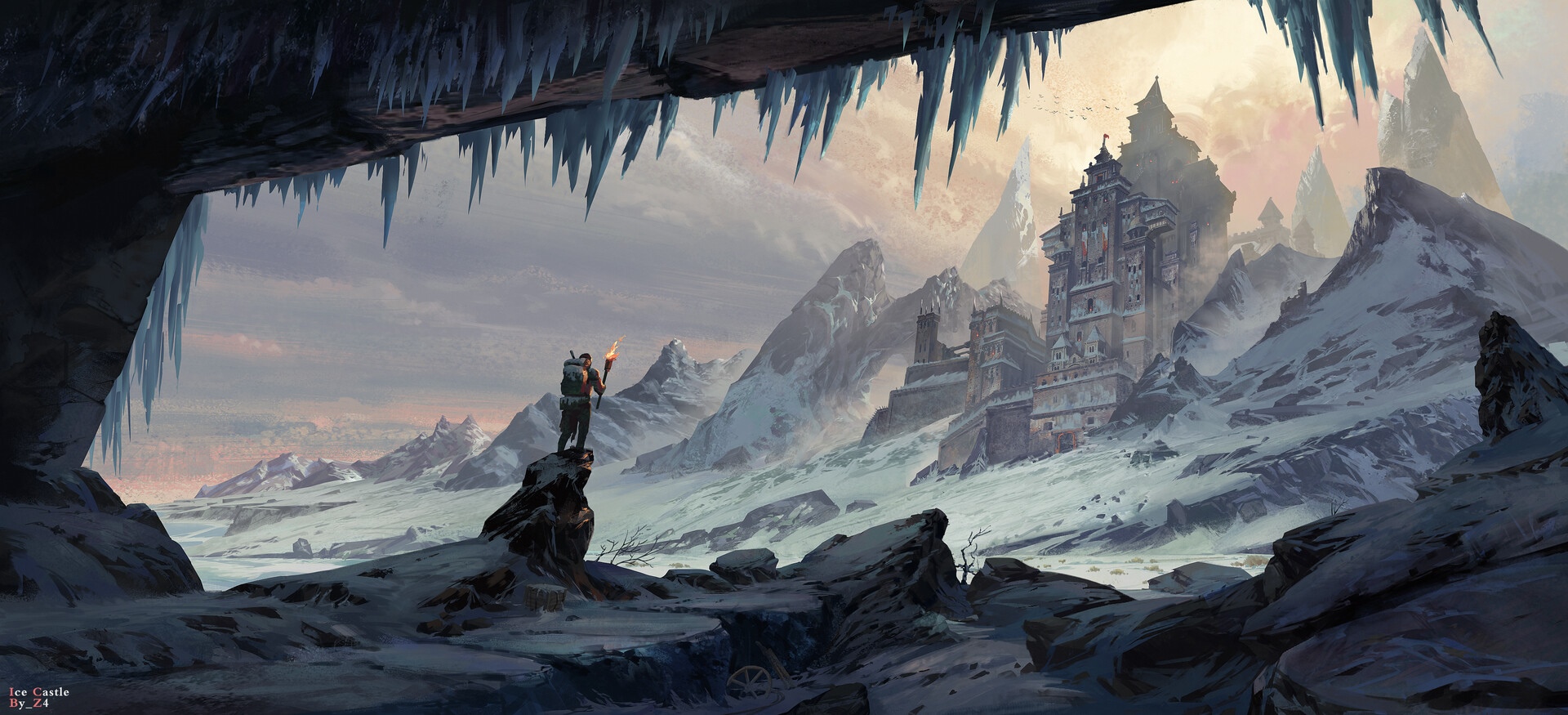 Ice Castle in a snowy mountain landscape HD Wallpaper
