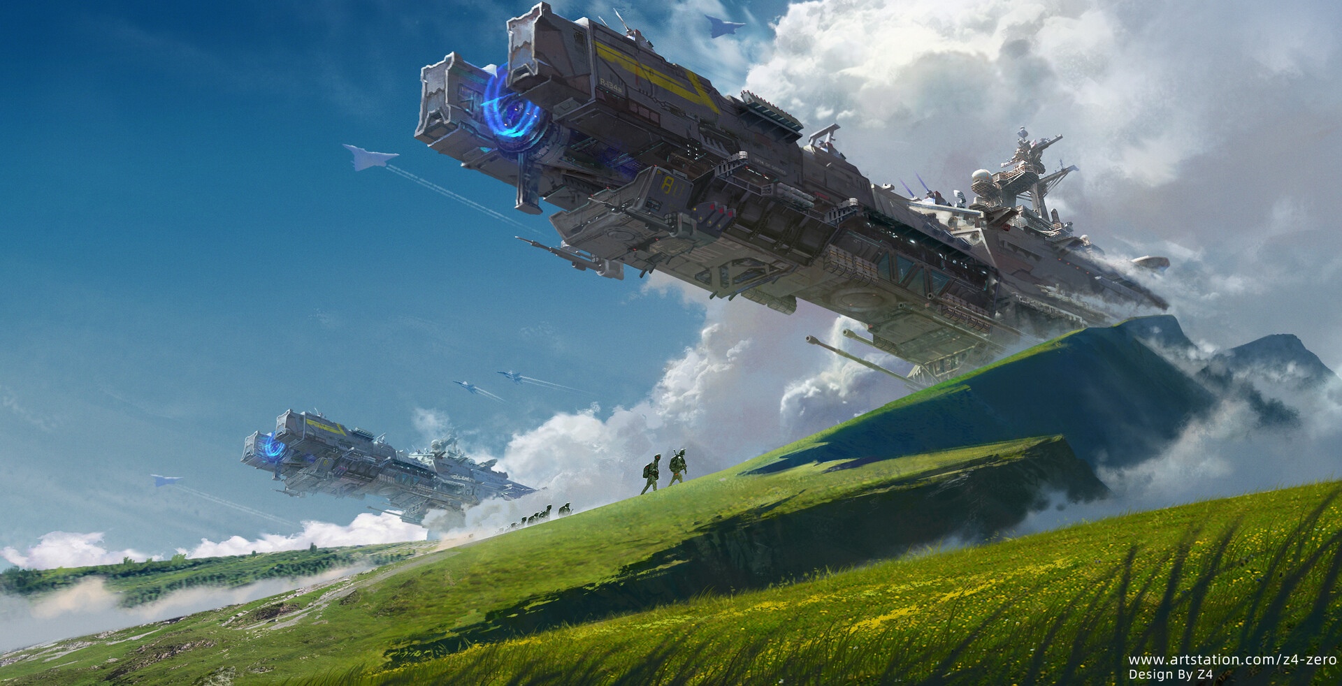Science Fiction Spaceships Over a Green Landscape HD Wallpaper