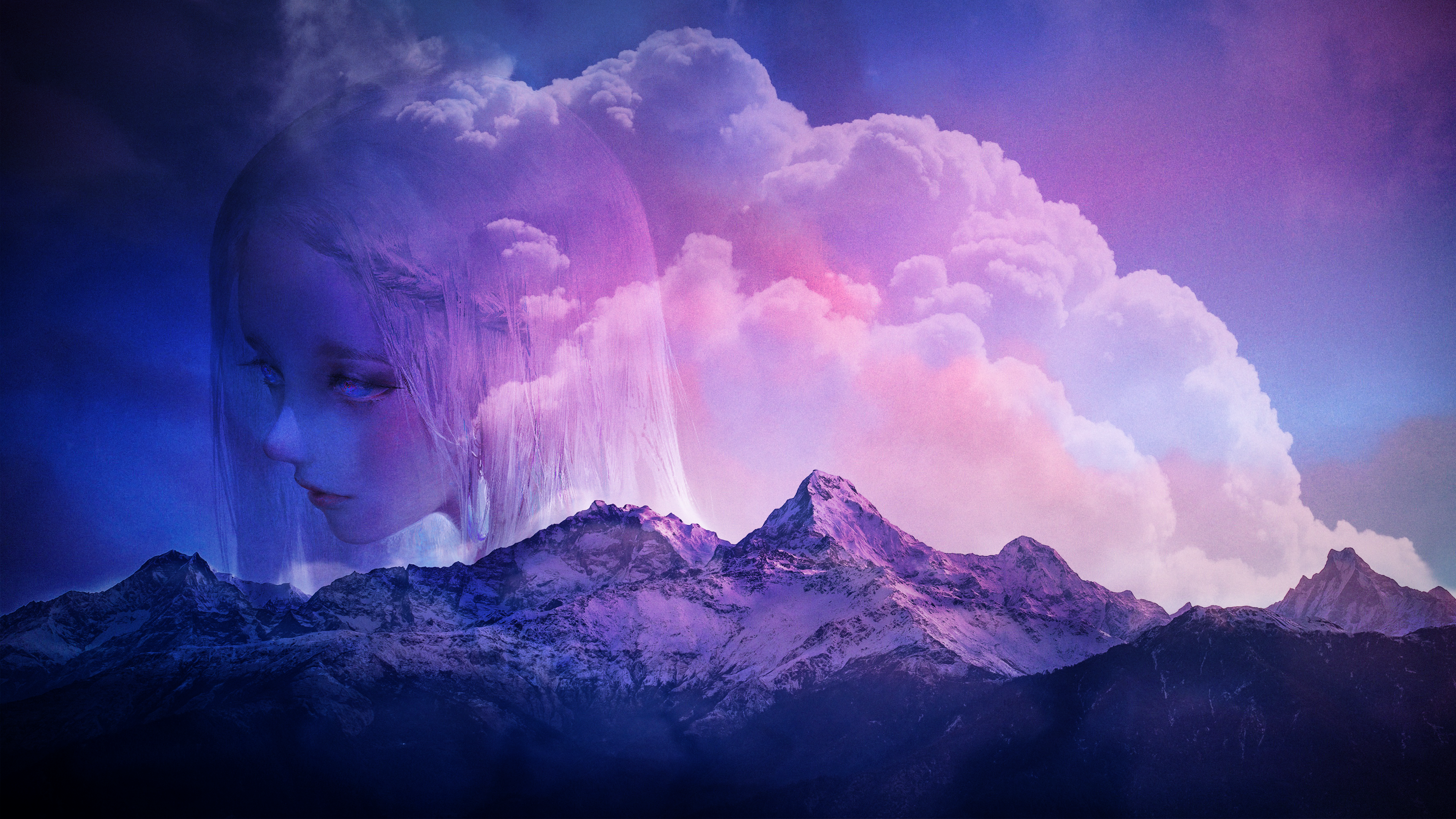 4K mountains and clouds with a superimposed face HD Wallpaper