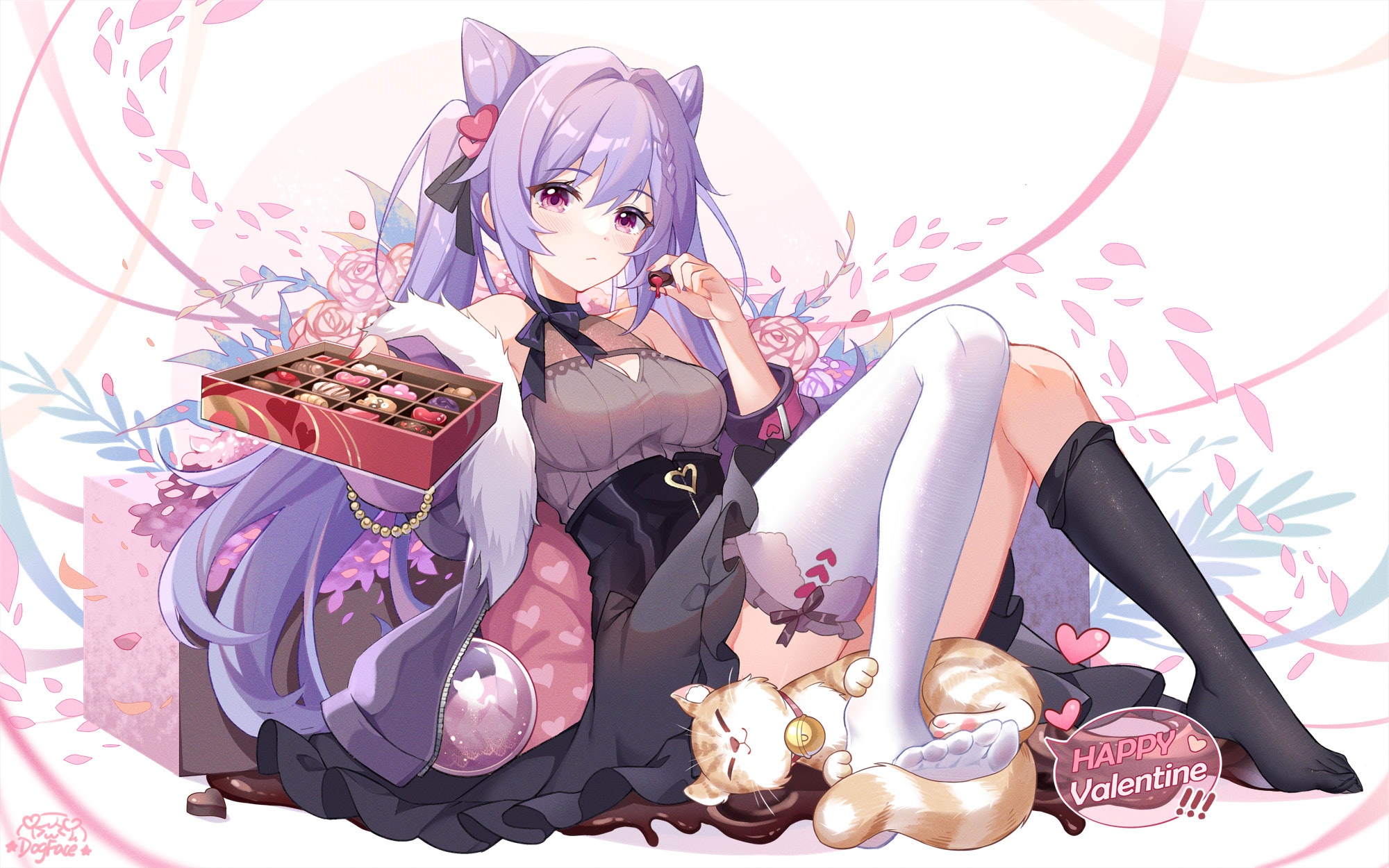 Keqing from Genshin Impact with chocolates and a cat HD Wallpaper