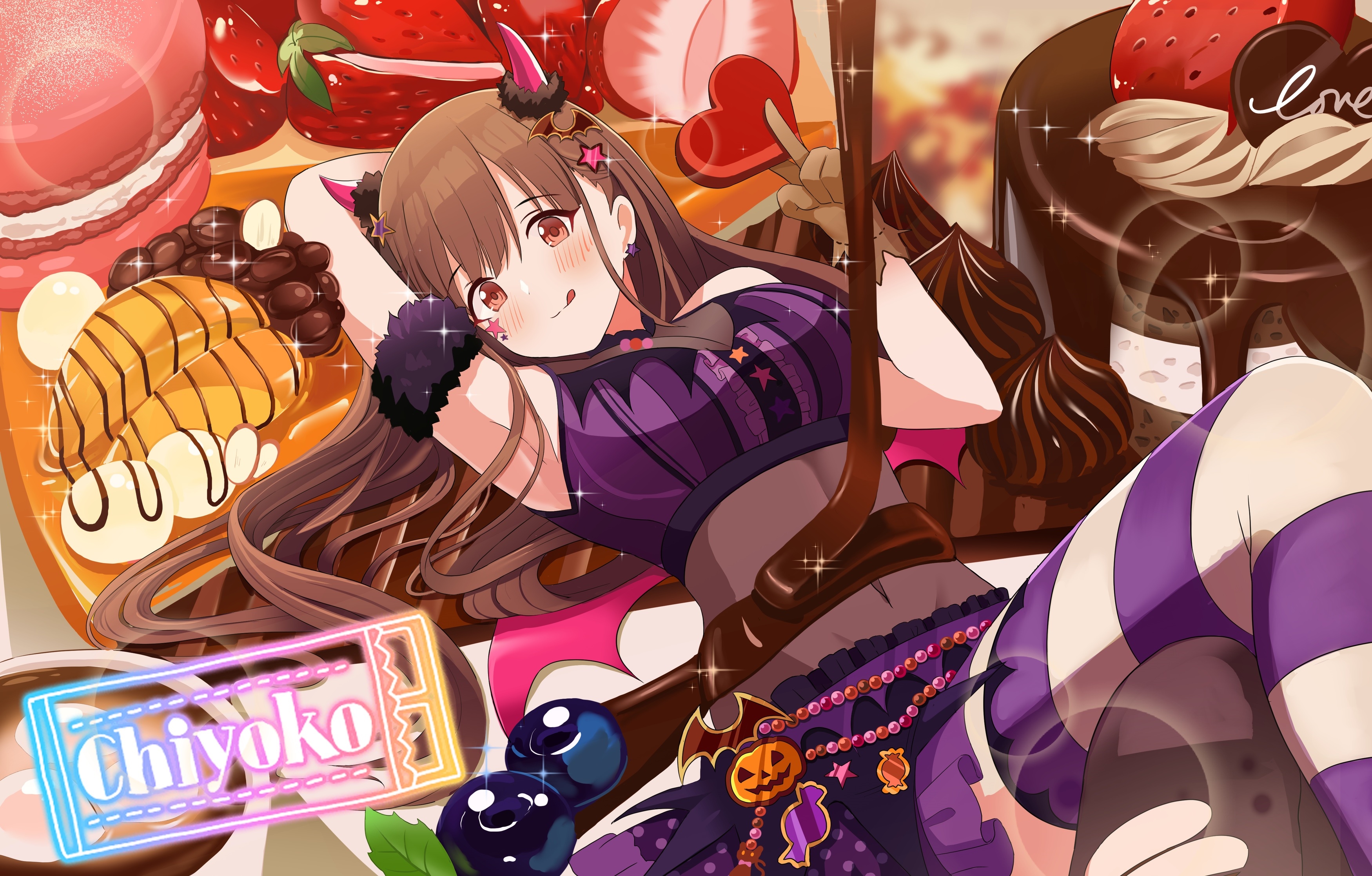 Chiyoko in a Halloween costume surrounded by sweets HD Wallpaper