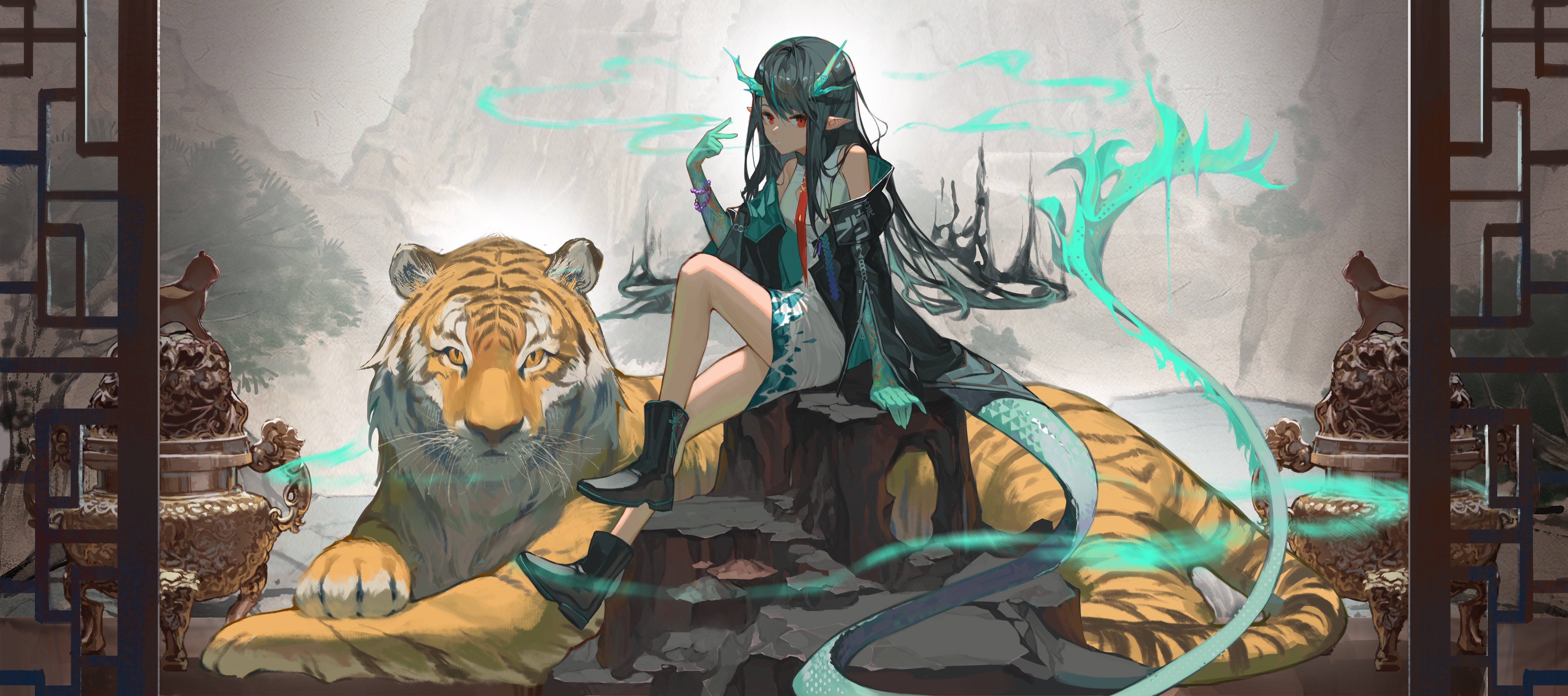 Arknights anime girl with dragon horns and tiger HD Wallpaper