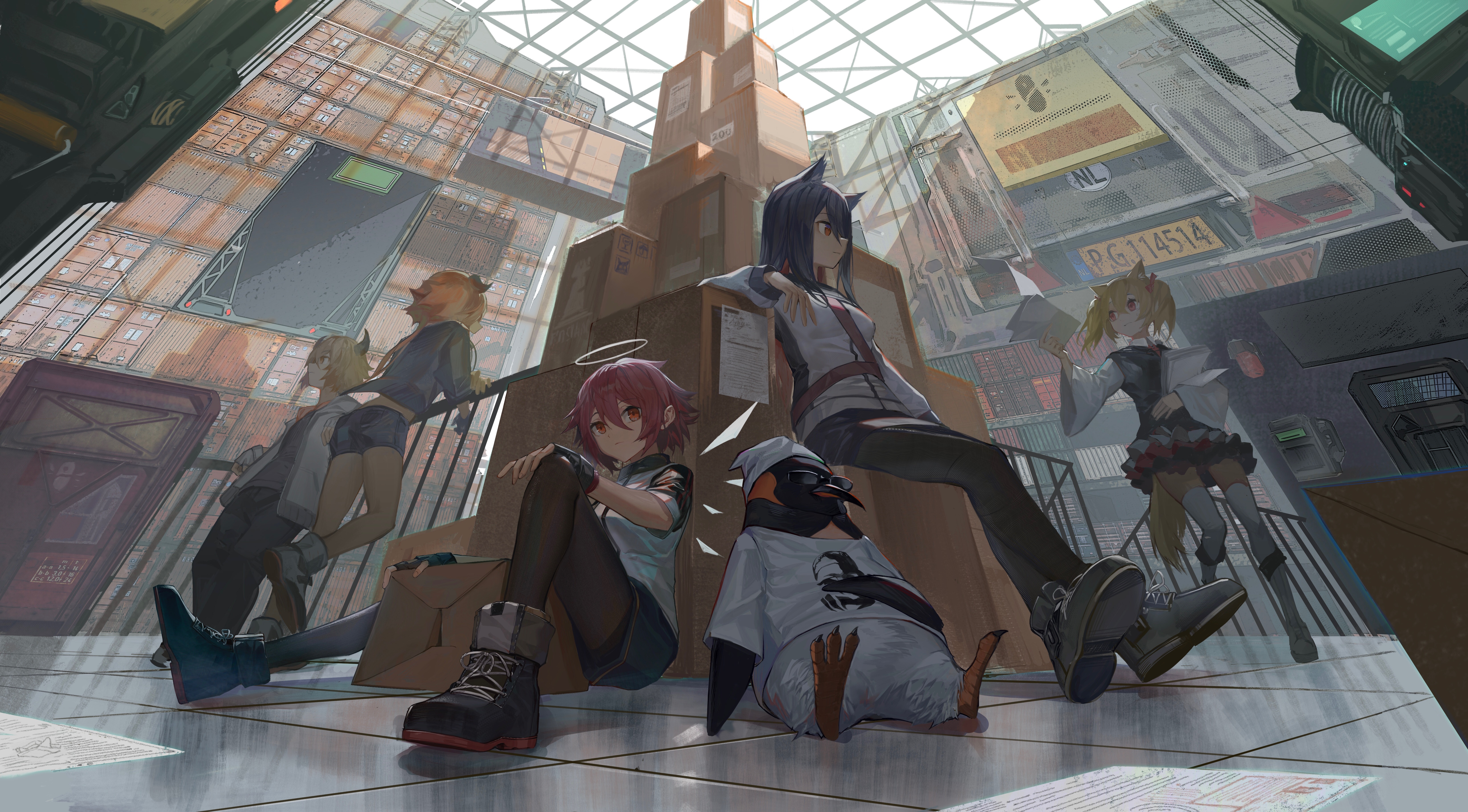 Arknights characters and penguin in a warehouse HD Wallpaper