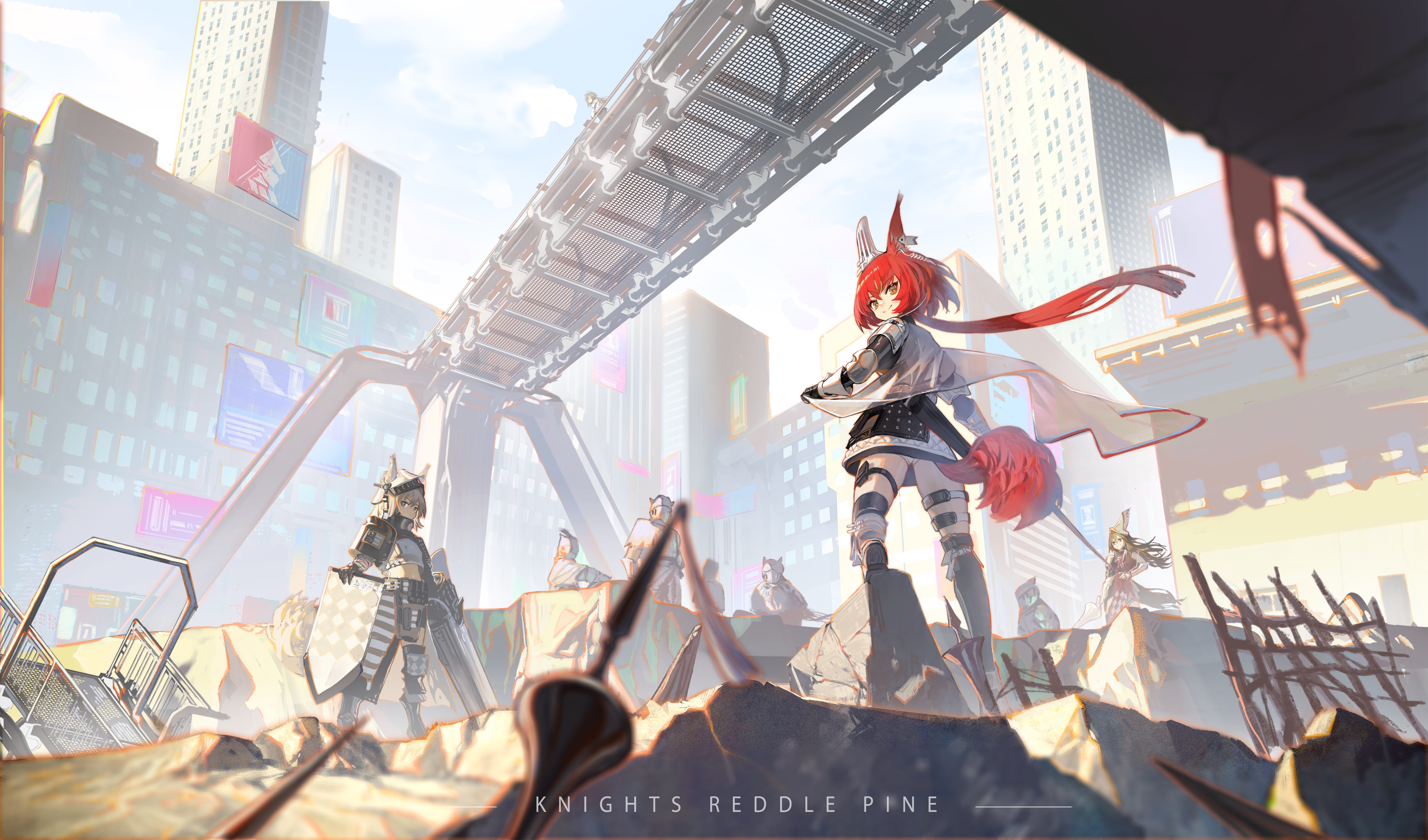 Arknights characters in a futuristic city HD Wallpaper