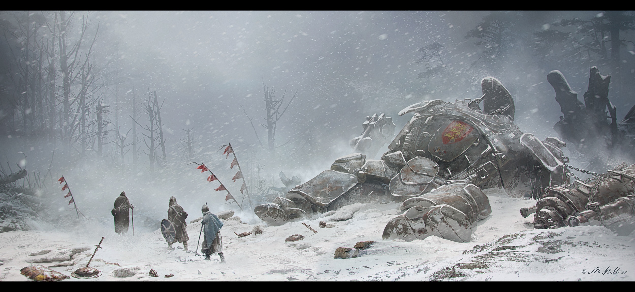 Vladimir Manyukhin's fantasy art of a fallen giant in winter HD Wallpaper