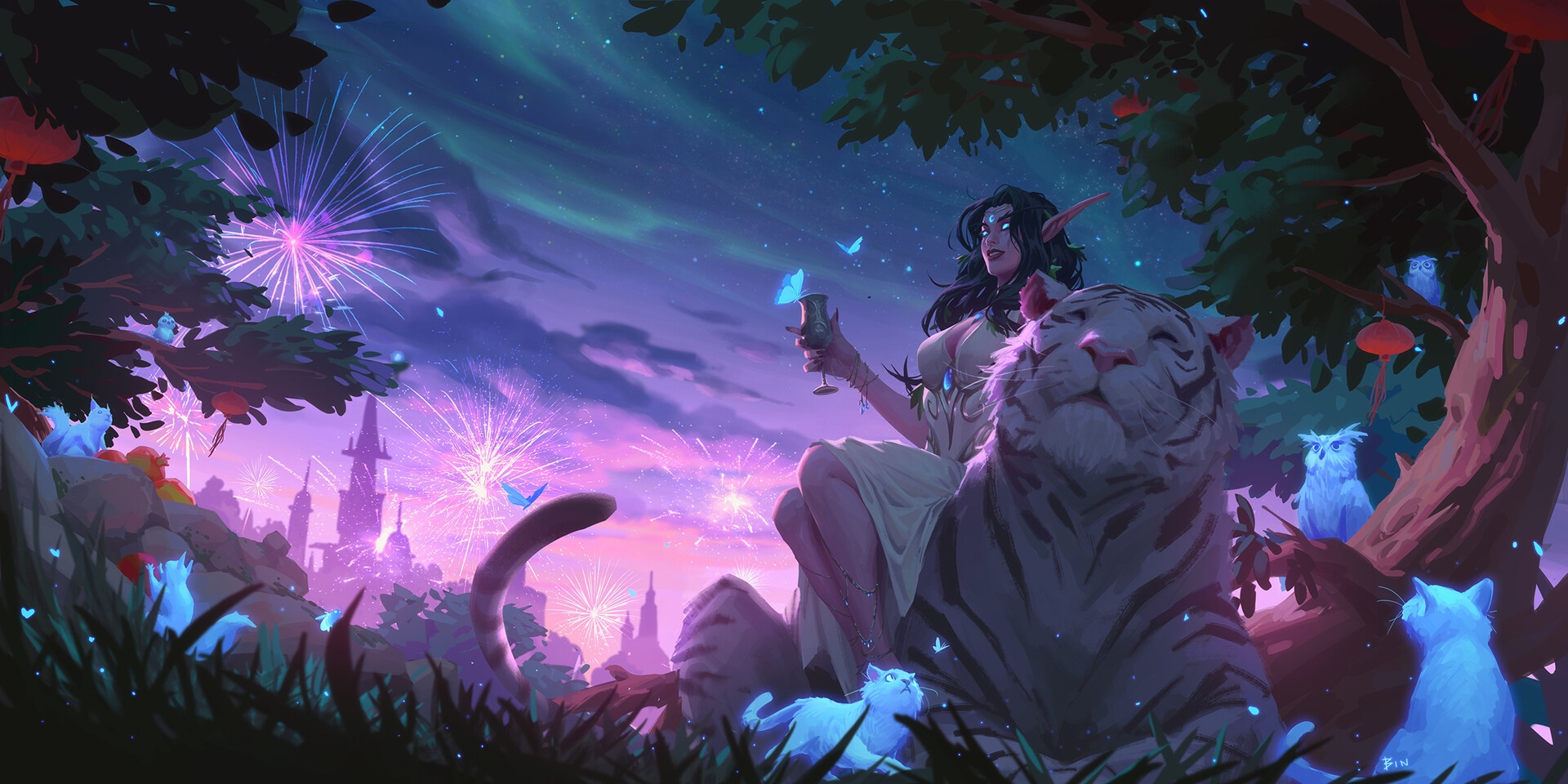 Tyrande Whisperwind with a White Tiger and Fireworks HD Wallpaper