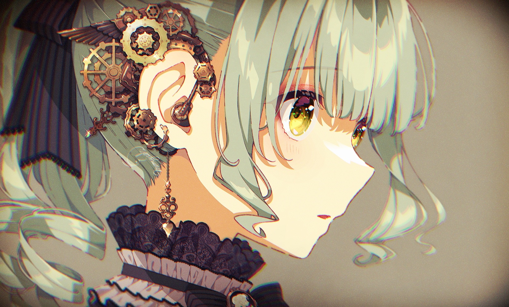 Anime girl with yellow eyes and steampunk accessories HD Wallpaper