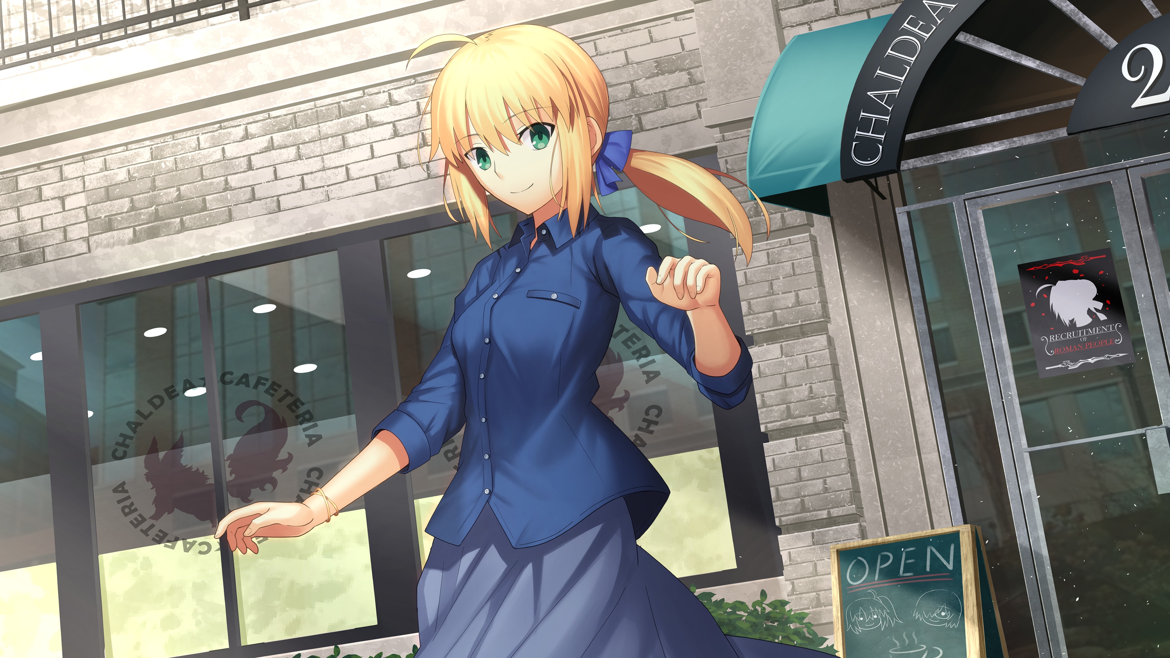 Saber in a blue shirt and skirt outside Chaldea Cafeteria HD Wallpaper