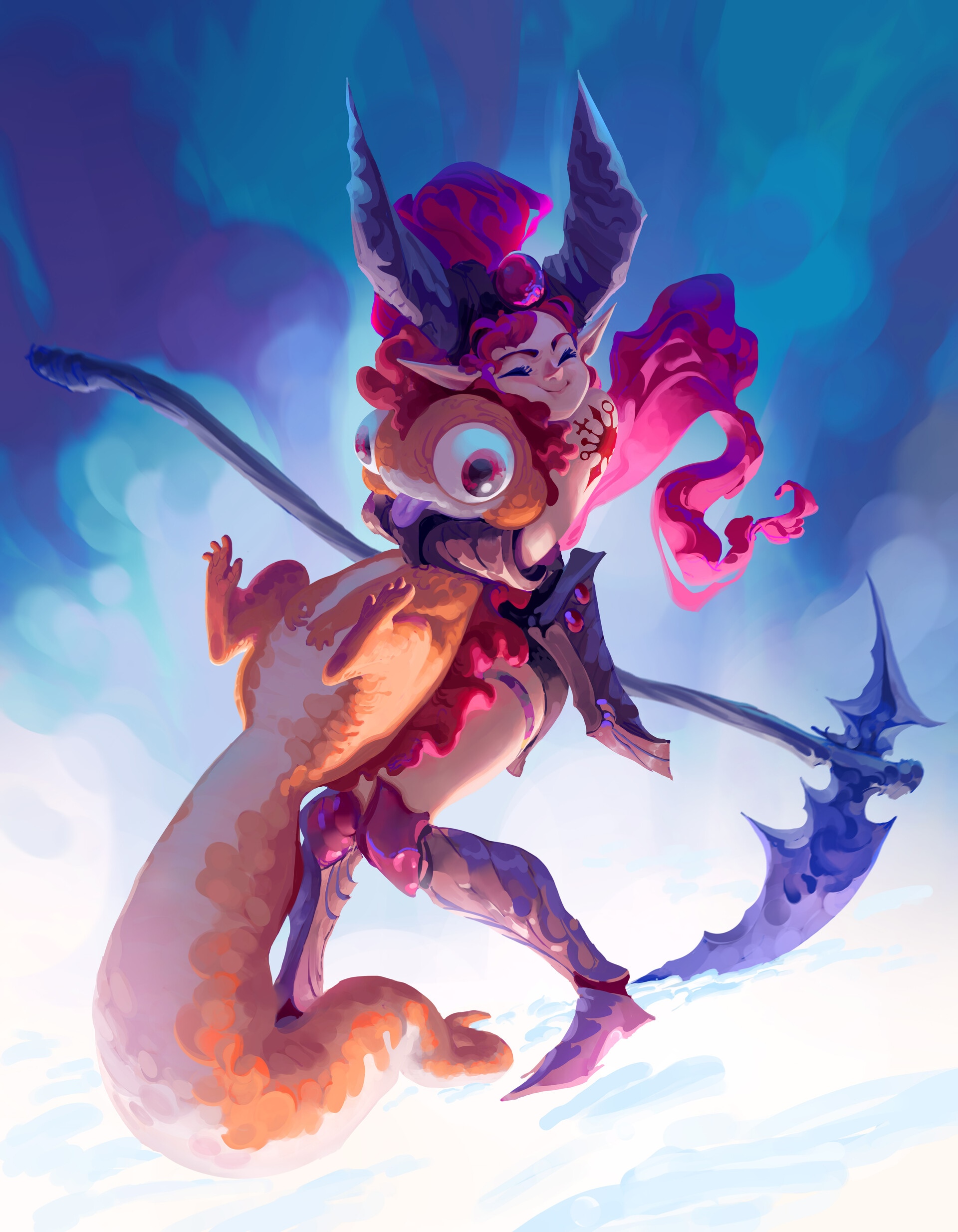 Anime girl with horns and a creature holding a scythe HD Phone Wallpaper