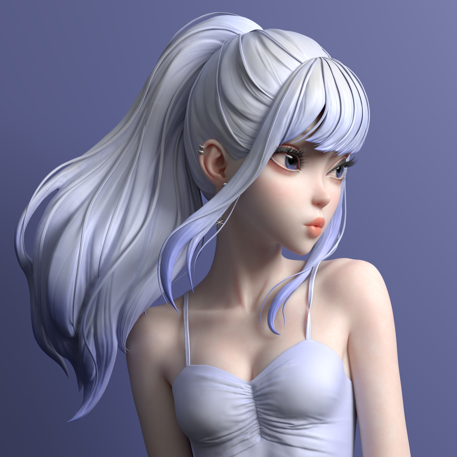 Woman with white hair and purple background HD Wallpaper