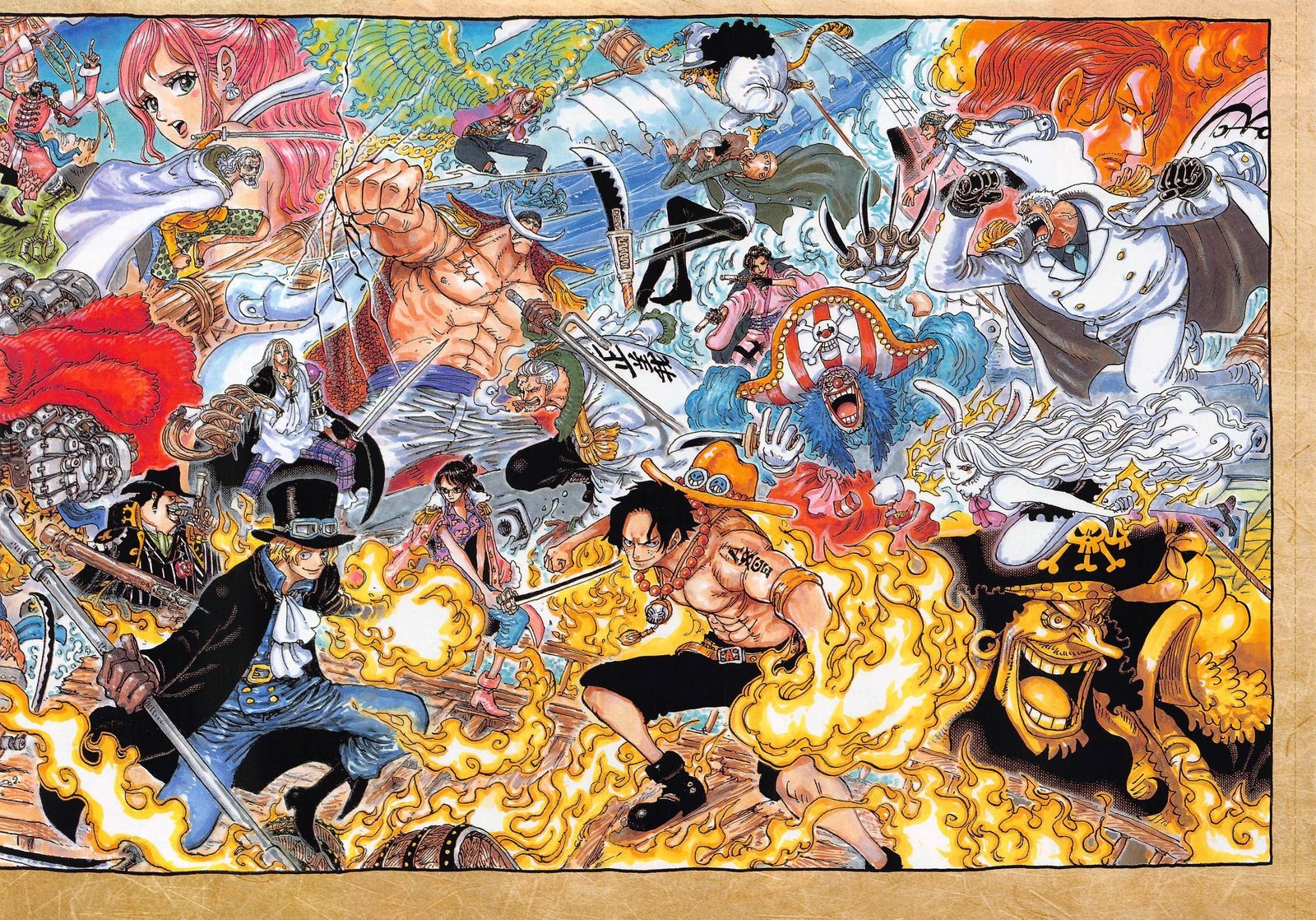 One Piece characters in a chaotic battle scene HD Wallpaper