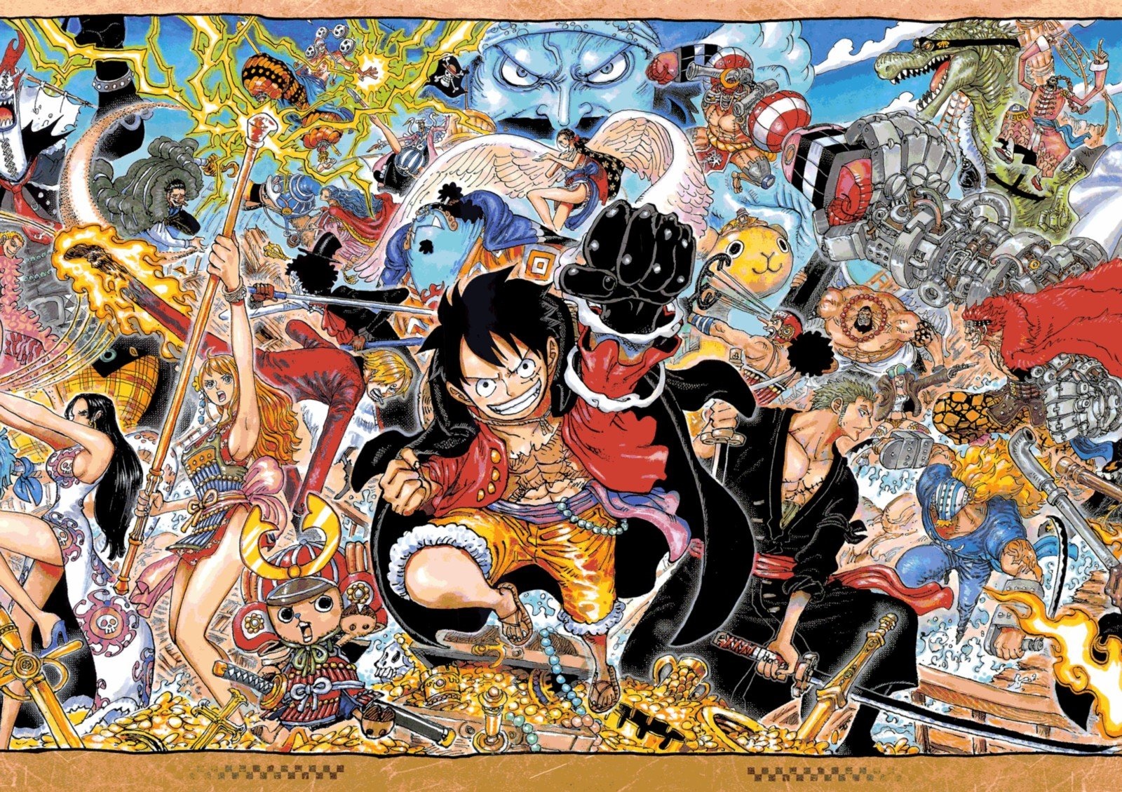 One Piece characters in a chaotic battle scene HD Wallpaper