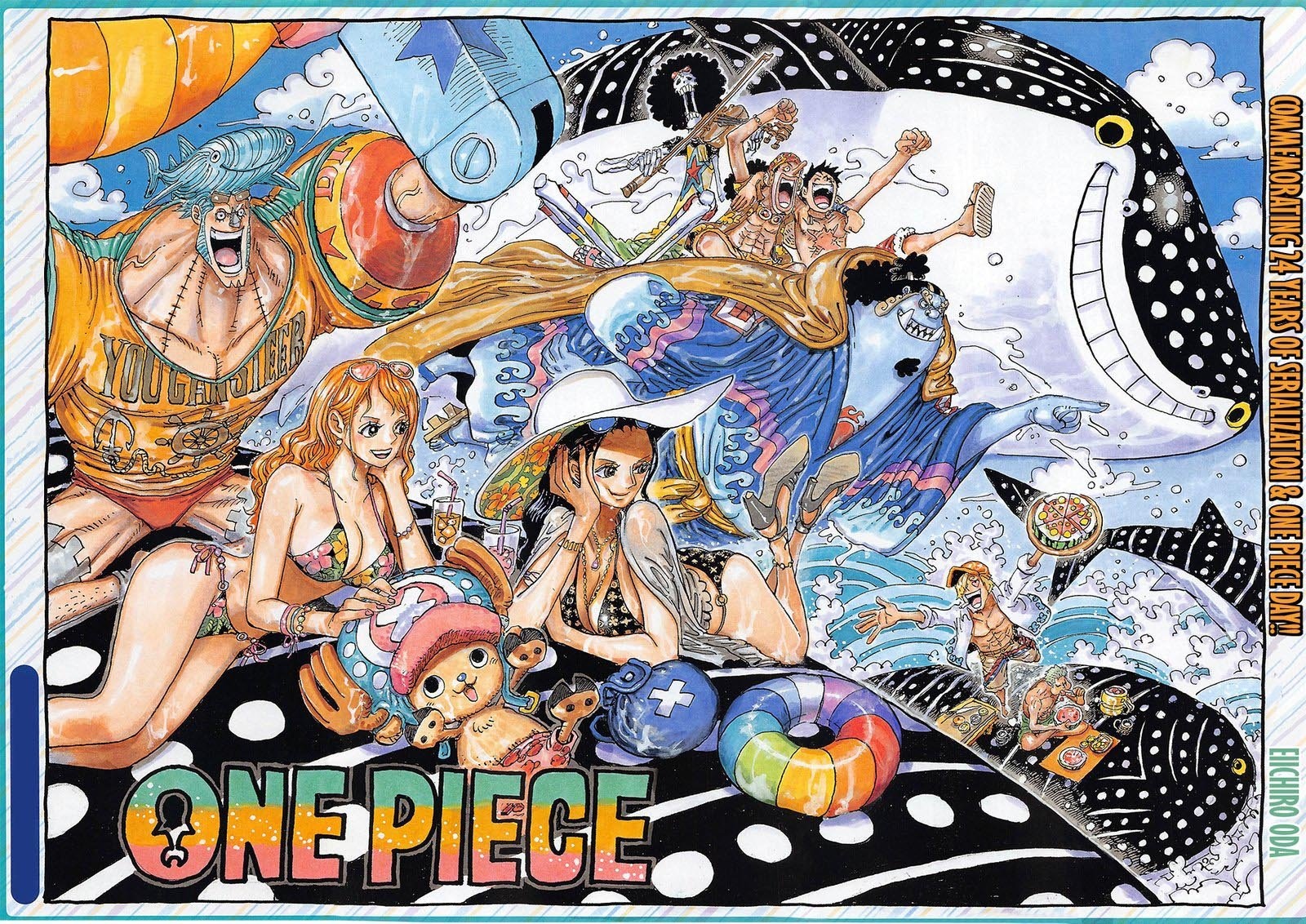 One Piece characters on a beach with whale sharks HD Wallpaper