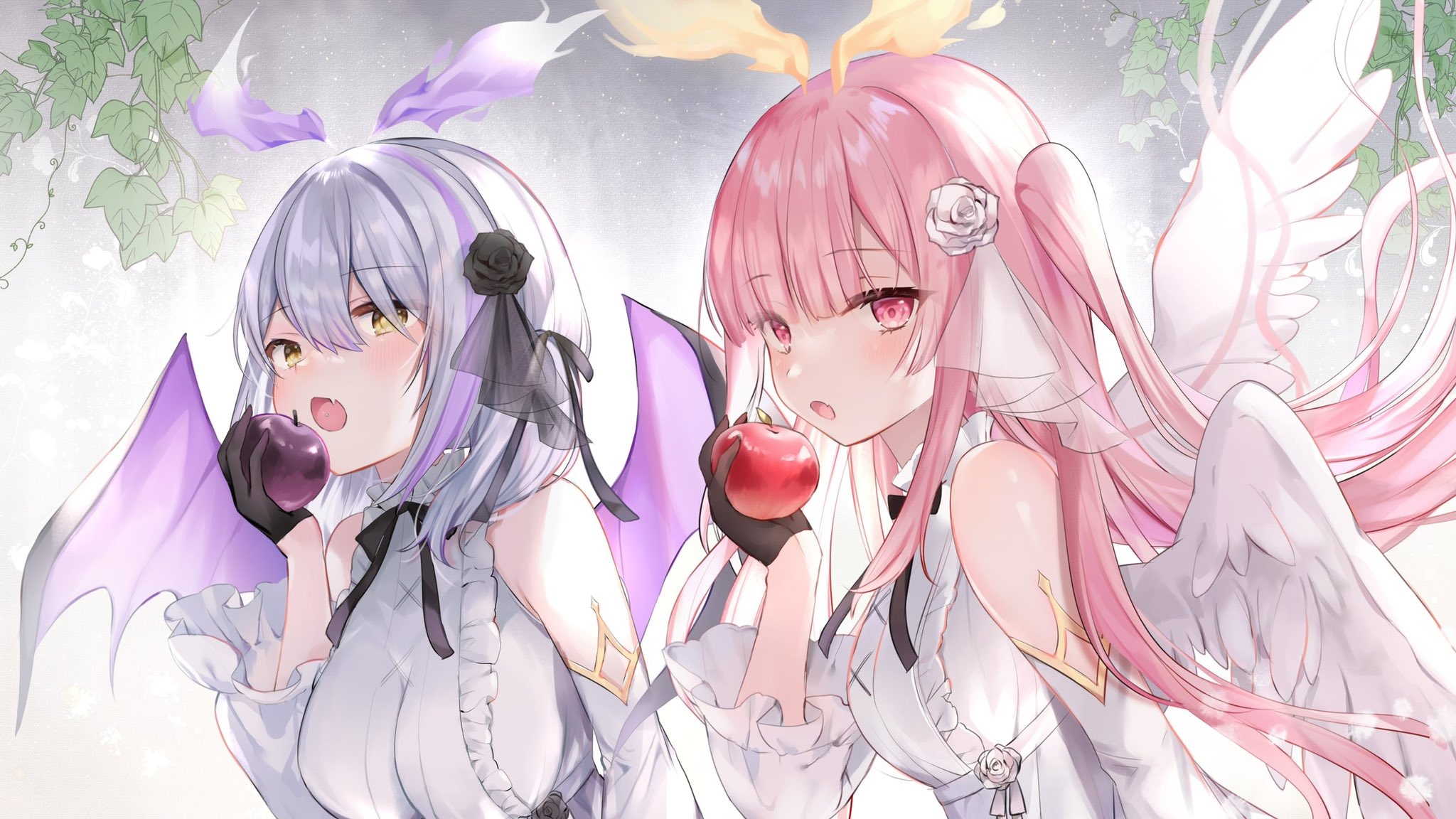 Rucaco's demon and angel girls eating apples HD Wallpaper