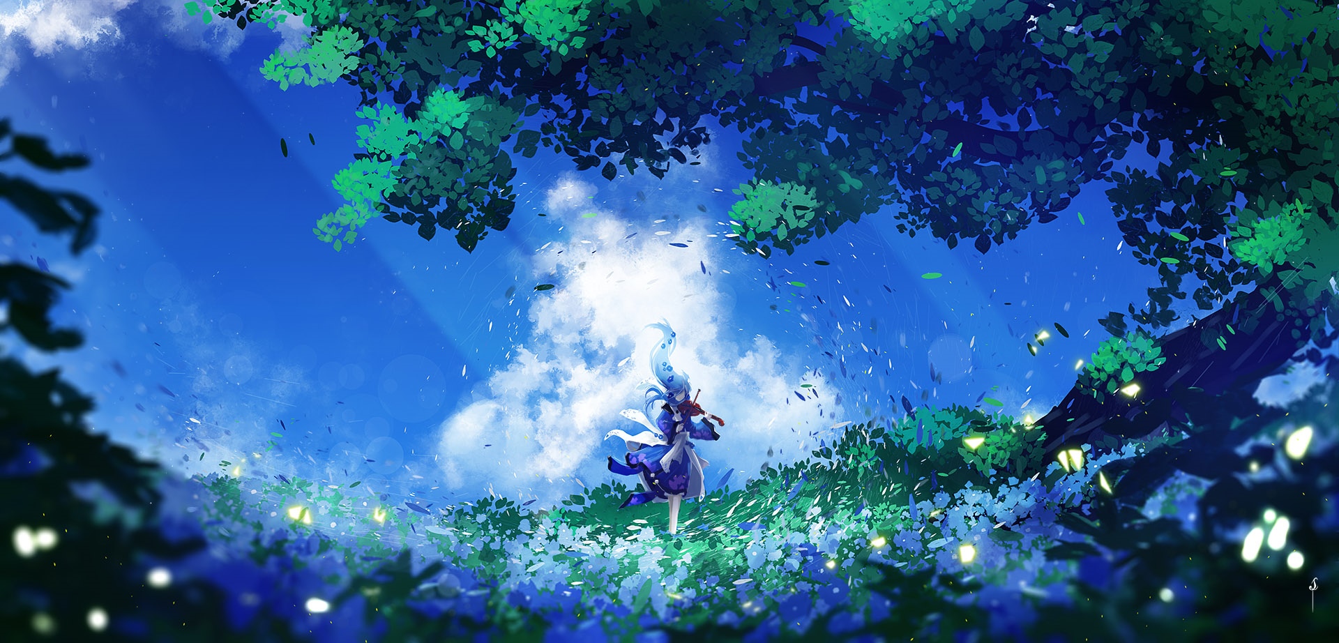 Girl with blue hair playing violin under trees HD Wallpaper