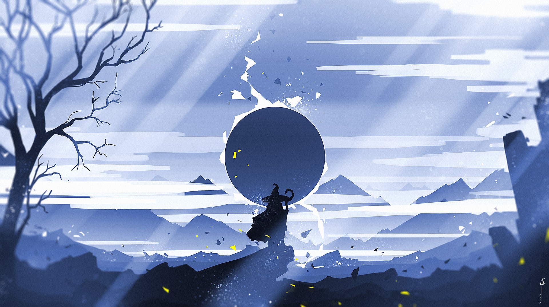 Wizard holding a dark orb during an eclipse HD Wallpaper