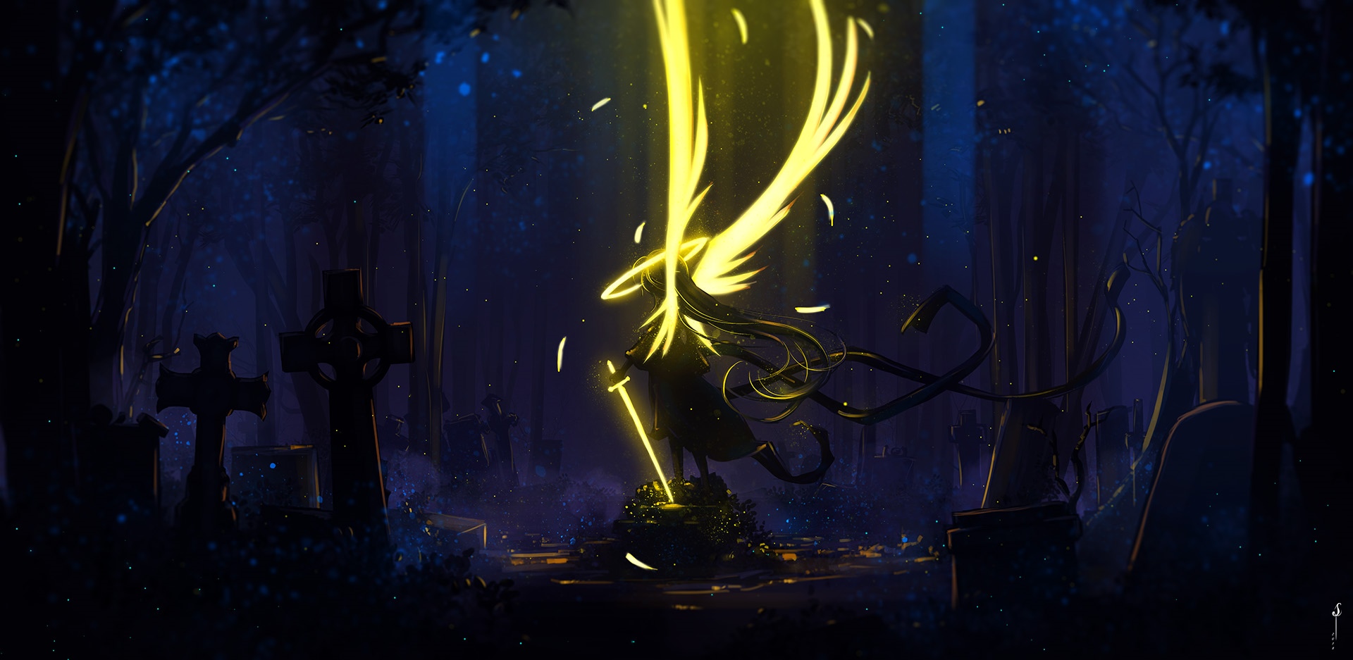Angel with a glowing sword in a graveyard HD Wallpaper