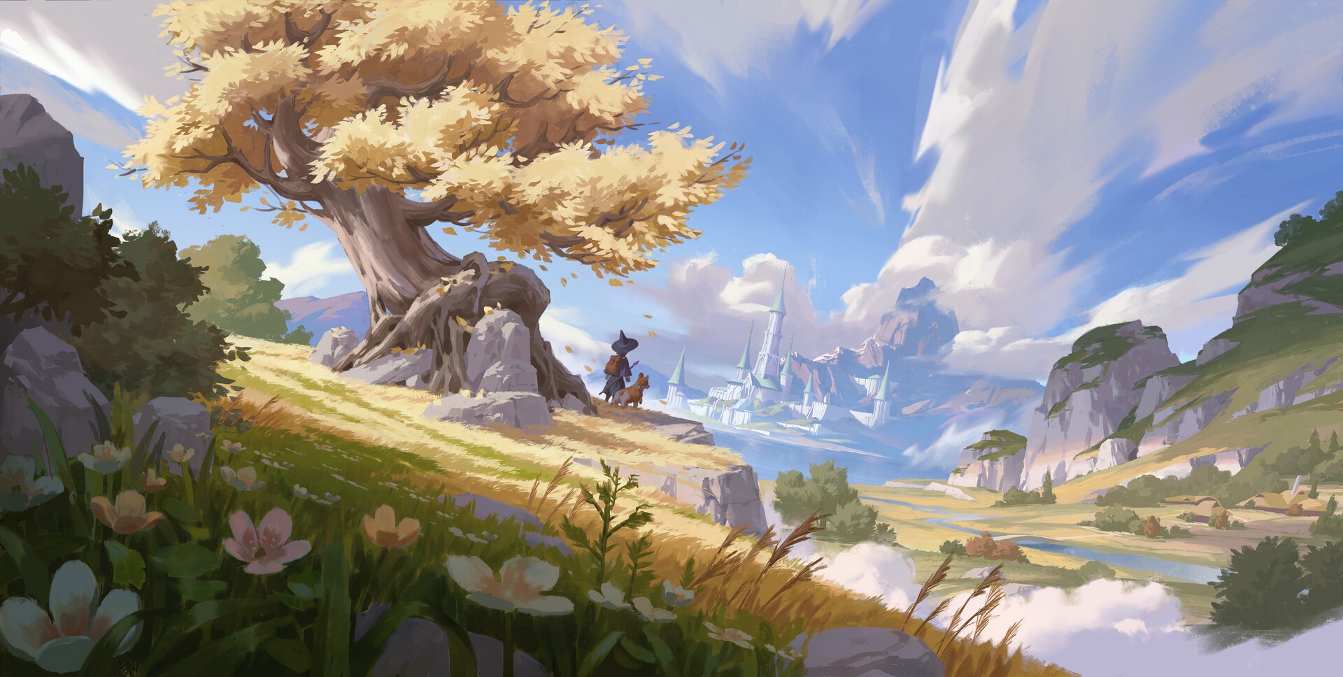 Wizard and dog overlook a fantasy castle landscape HD Wallpaper