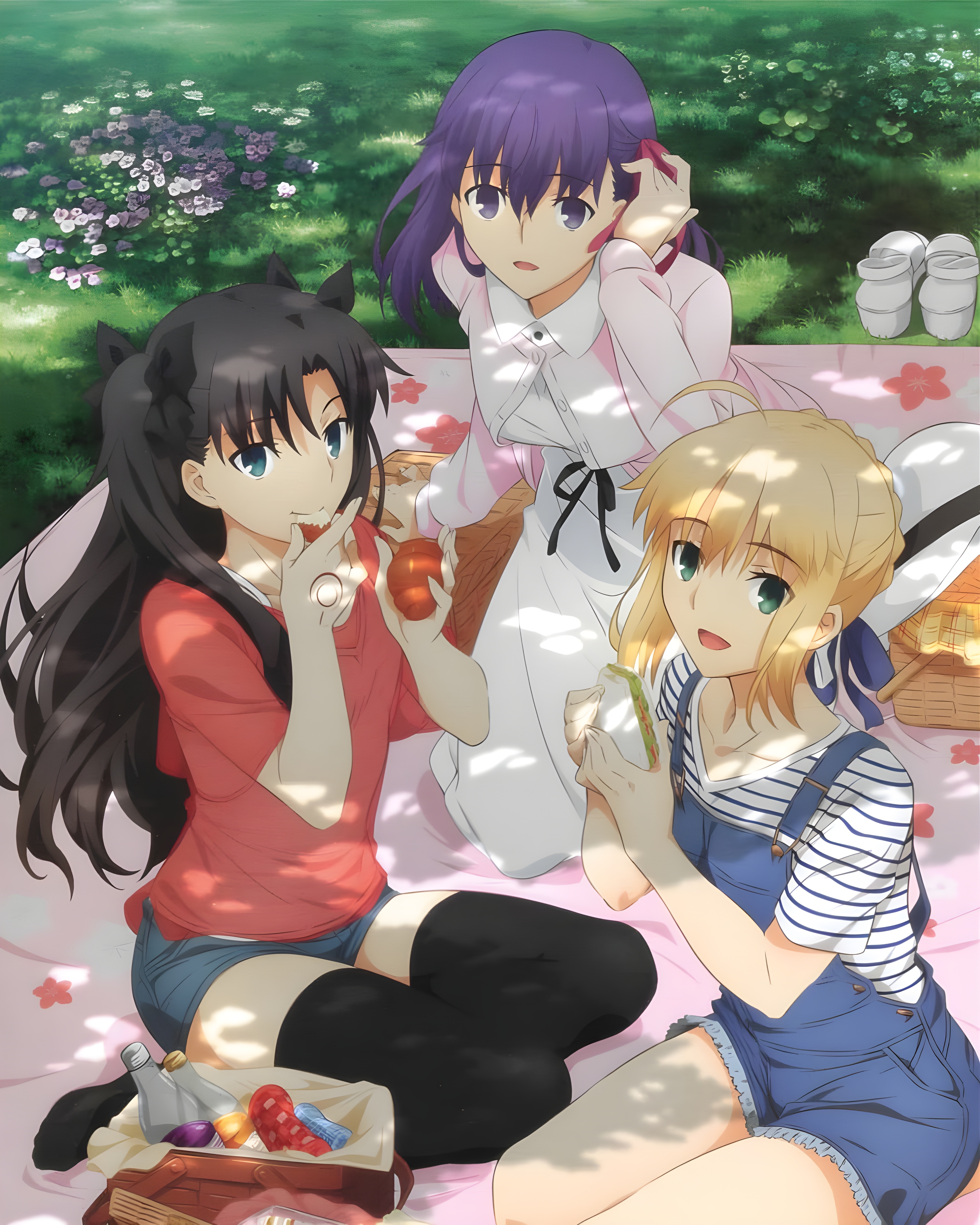 Fate/stay night: Saber, Rin, and Sakura at a picnic HD Phone Wallpaper