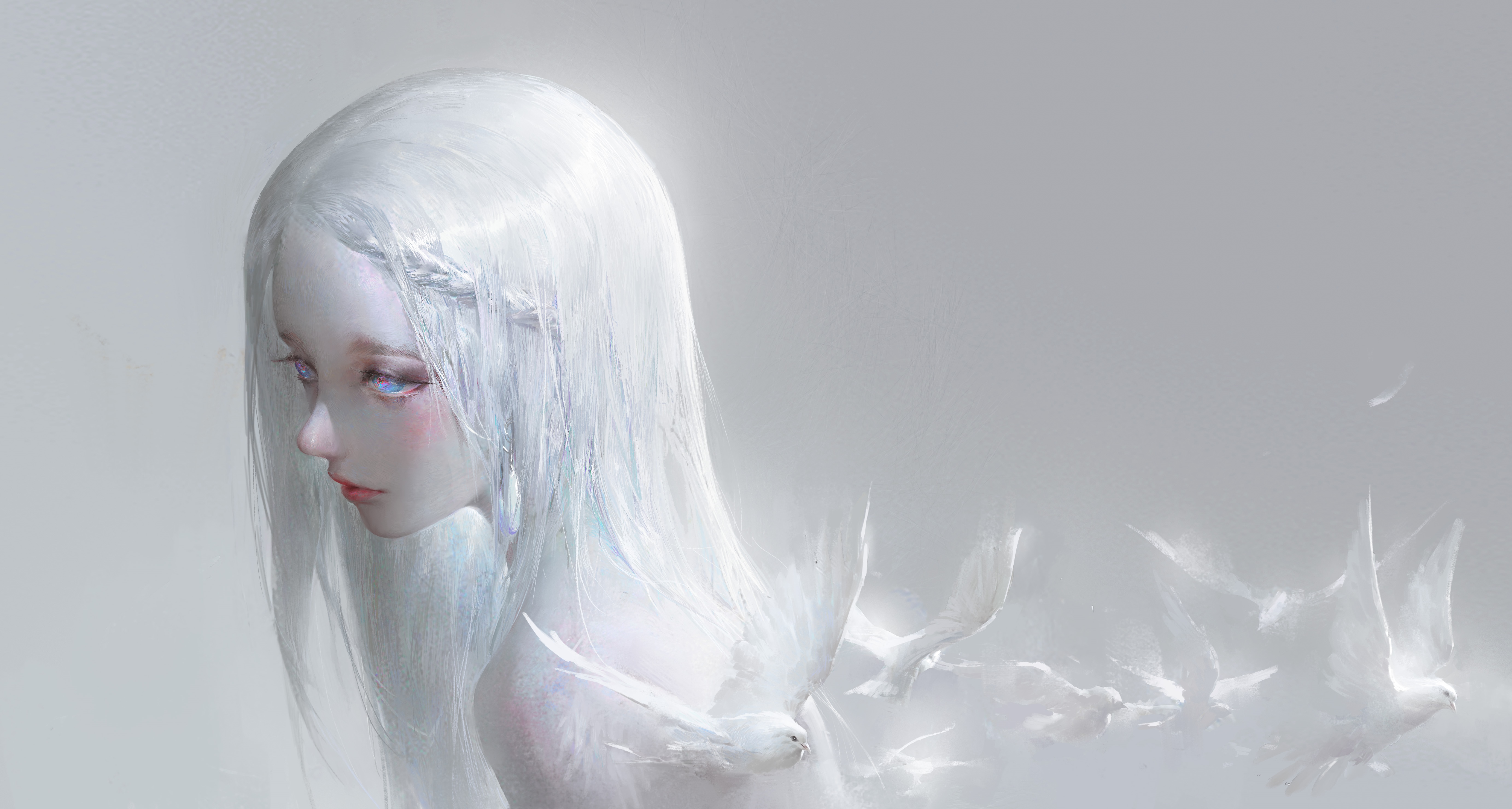 Fantasy girl with white hair and doves HD Wallpaper