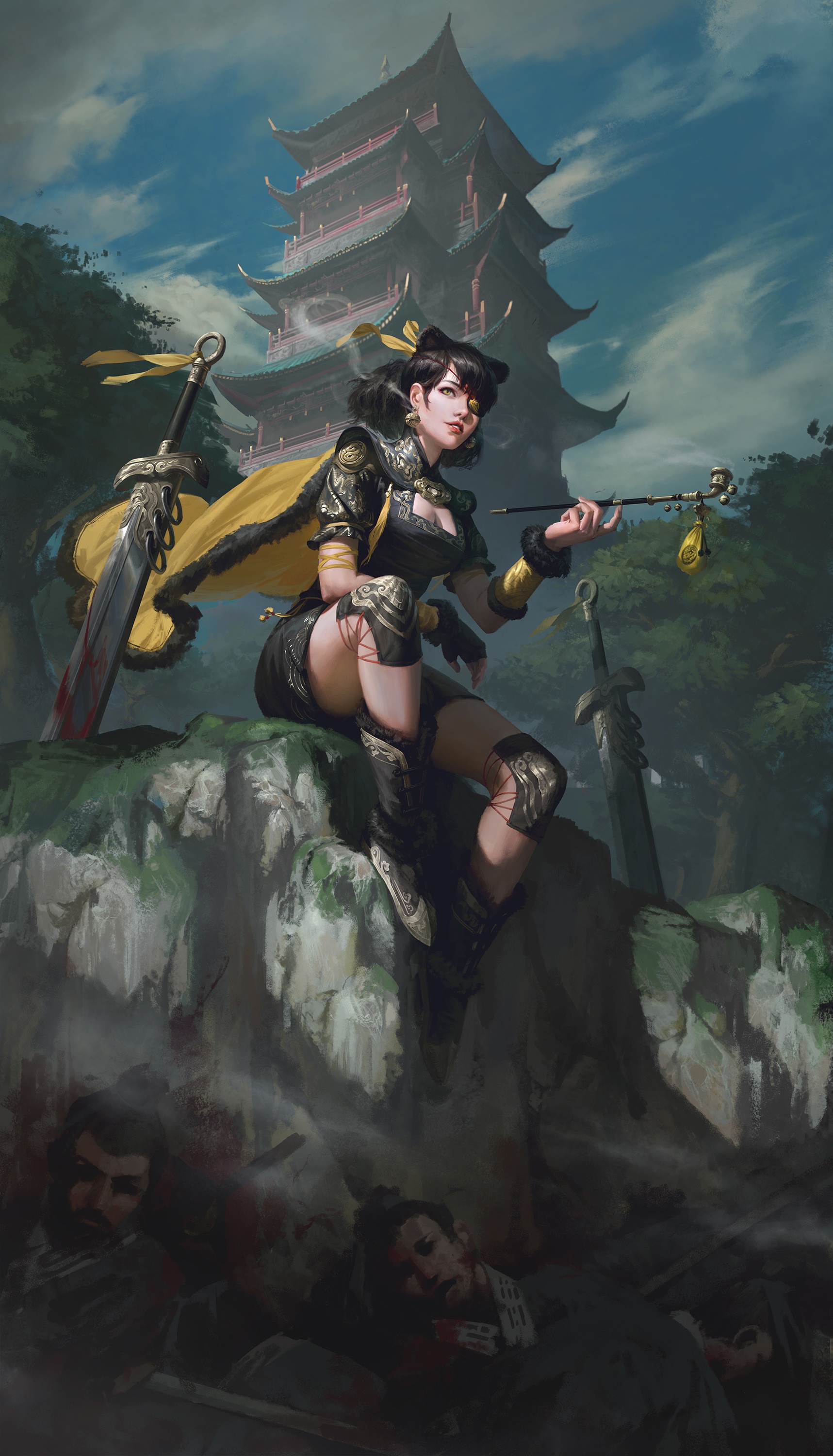 Fantasy girl with swords and a pagoda HD Phone Wallpaper