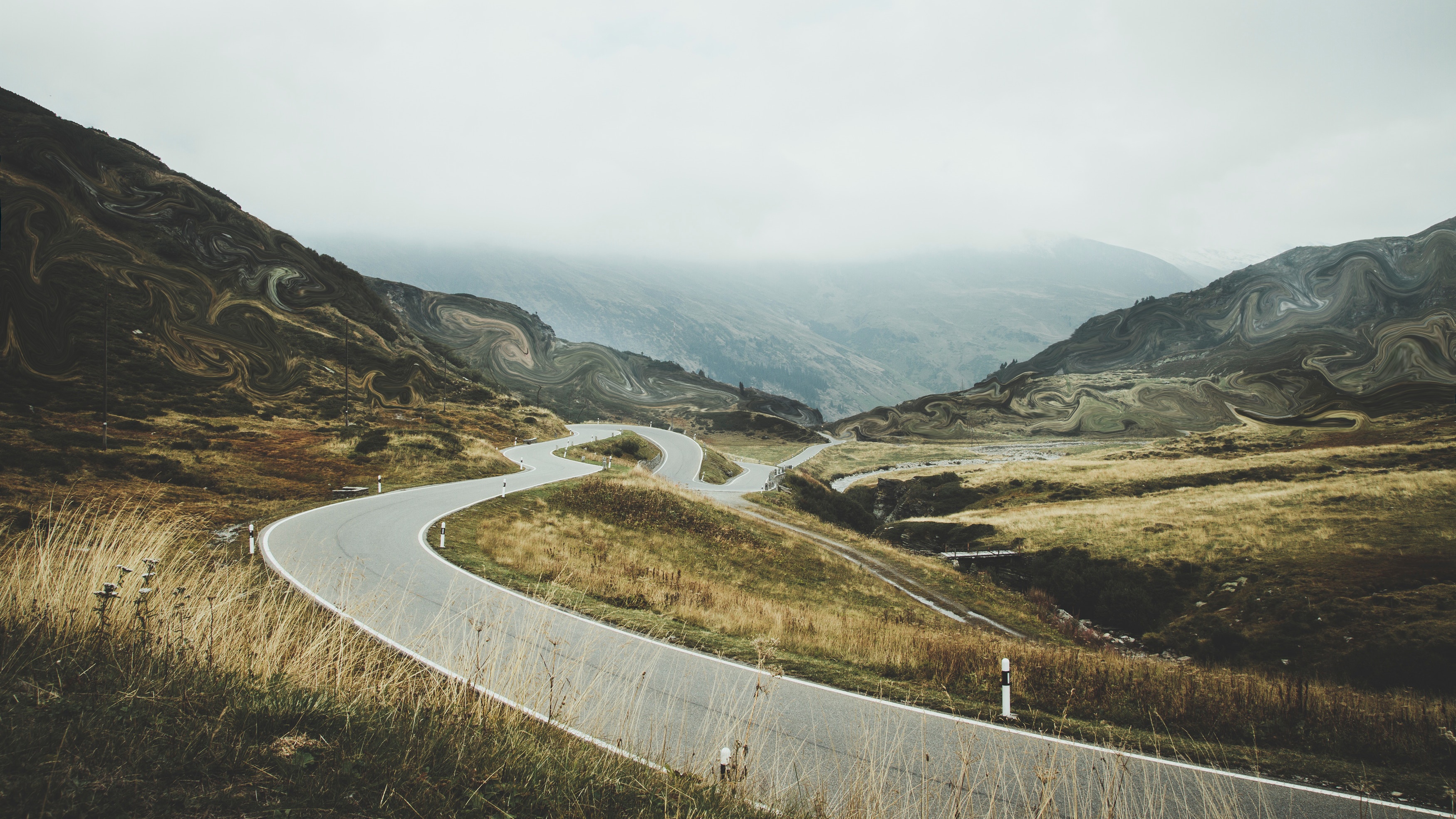 Fritz Biel Meier photo manipulation of a mountain road HD Wallpaper