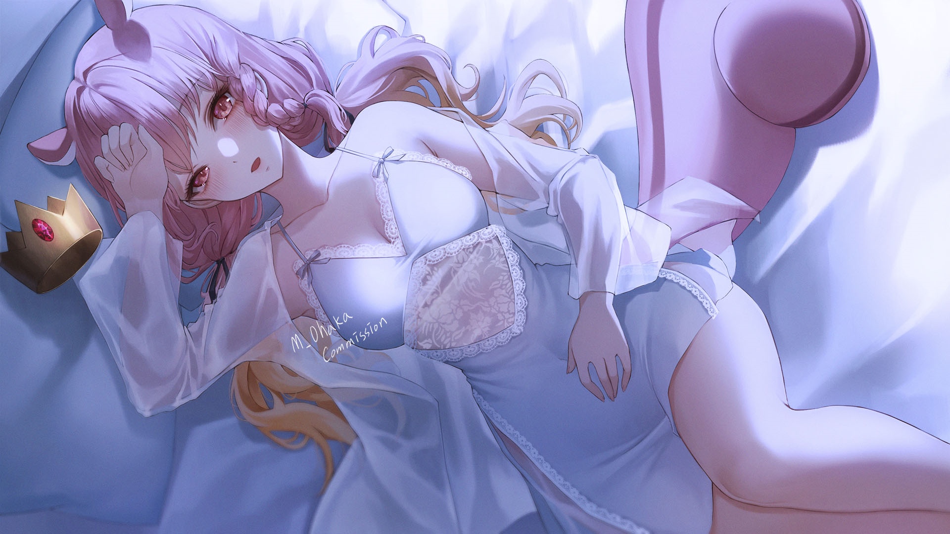 Anime girl in nightgown with crown lying on bed HD Wallpaper