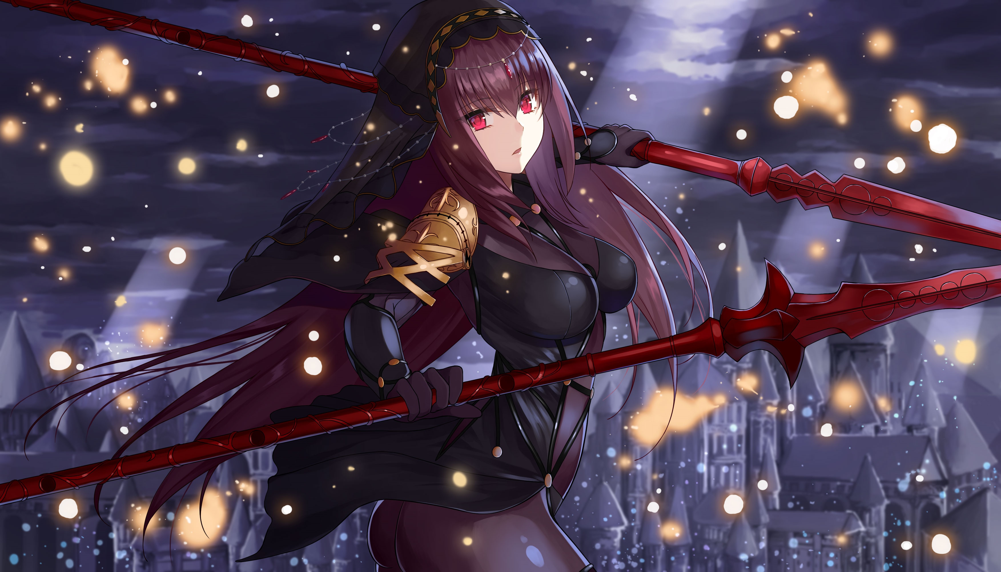 Scathach from Fate/Grand Order holding spears HD Wallpaper