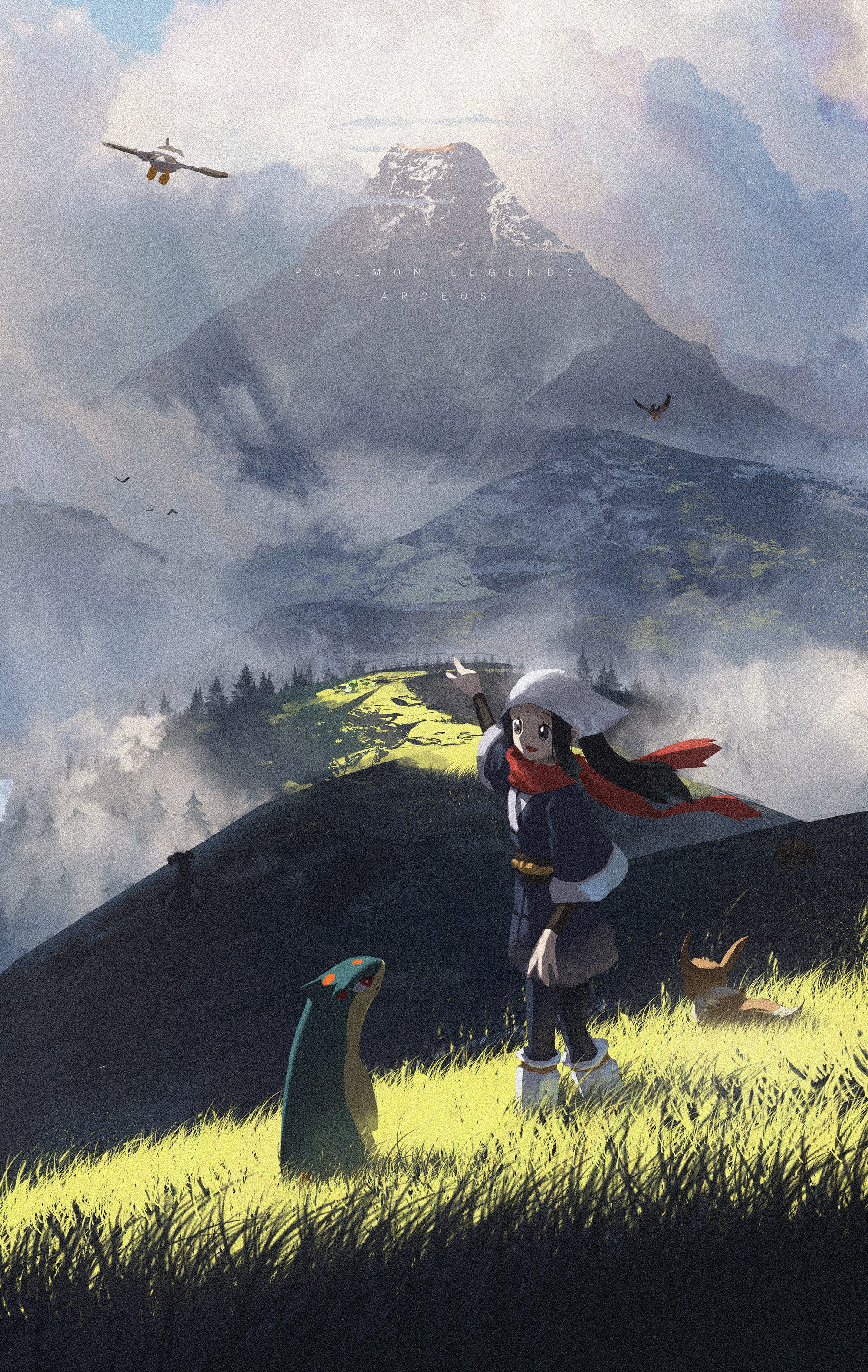 Pokémon Legends Arceus: A girl and her Pokémon in the mountains HD Phone Wallpaper