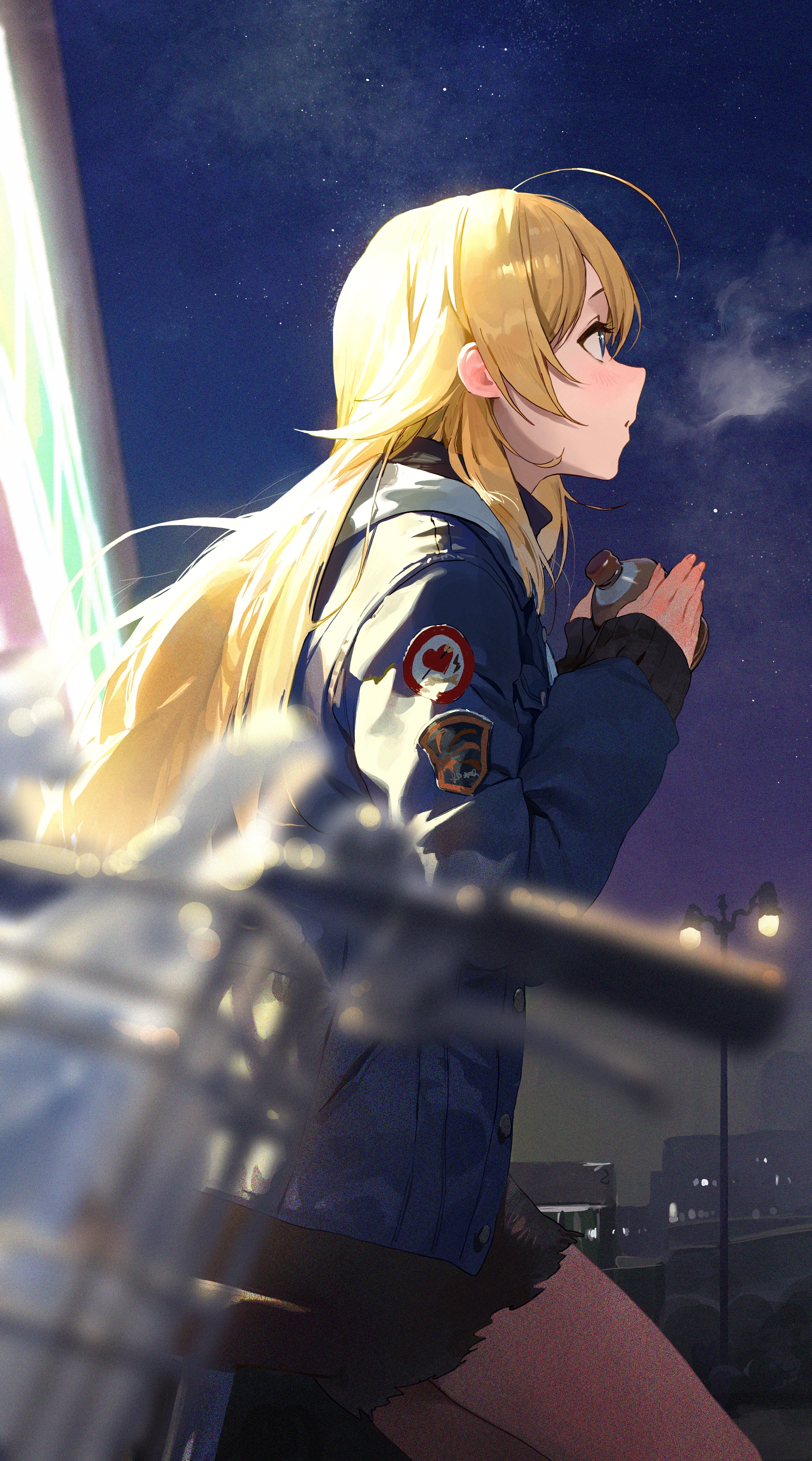 Anime girl with blonde hair holding a cup outdoors at night HD Phone Wallpaper