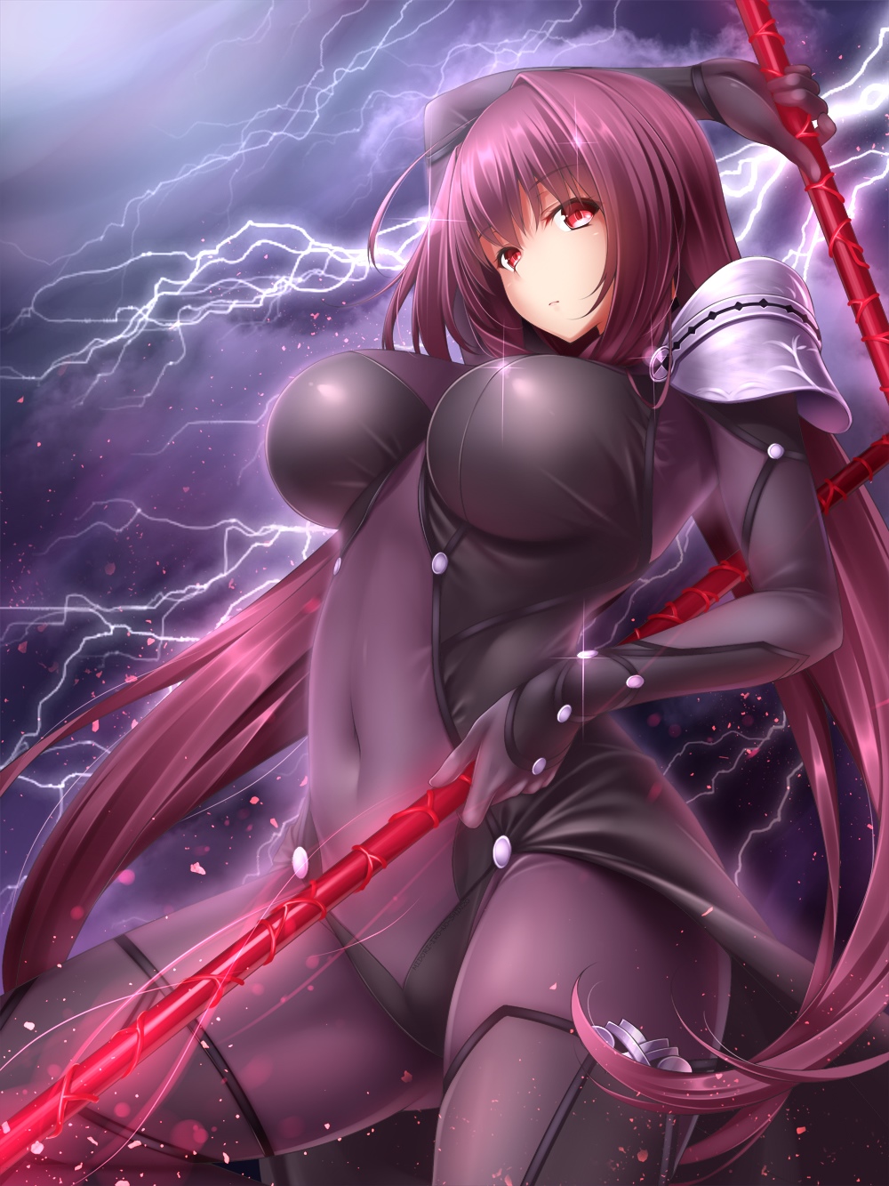 Scathach from Fate/Grand Order with purple hair and red eyes HD Phone Wallpaper