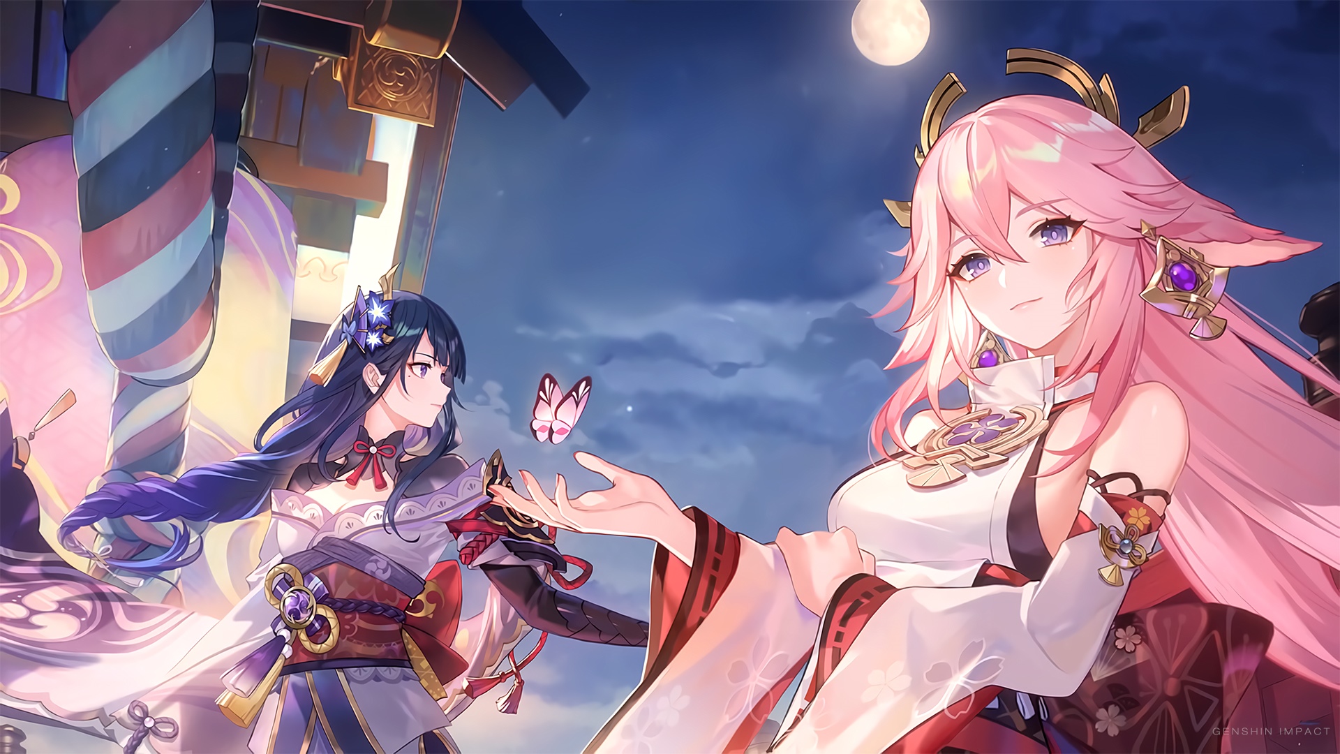 Genshin Impact: Raiden Shogun and Yae Miko with a butterfly HD Wallpaper