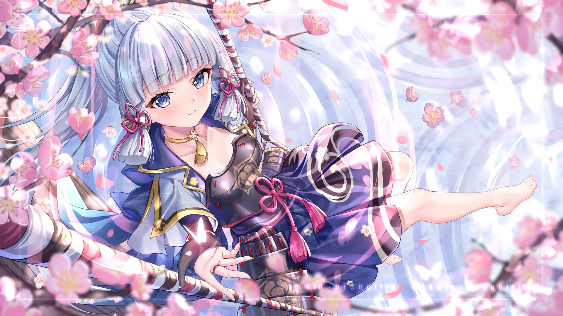 Kamisato Ayaka from Genshin Impact surrounded by cherry blossoms HD Wallpaper