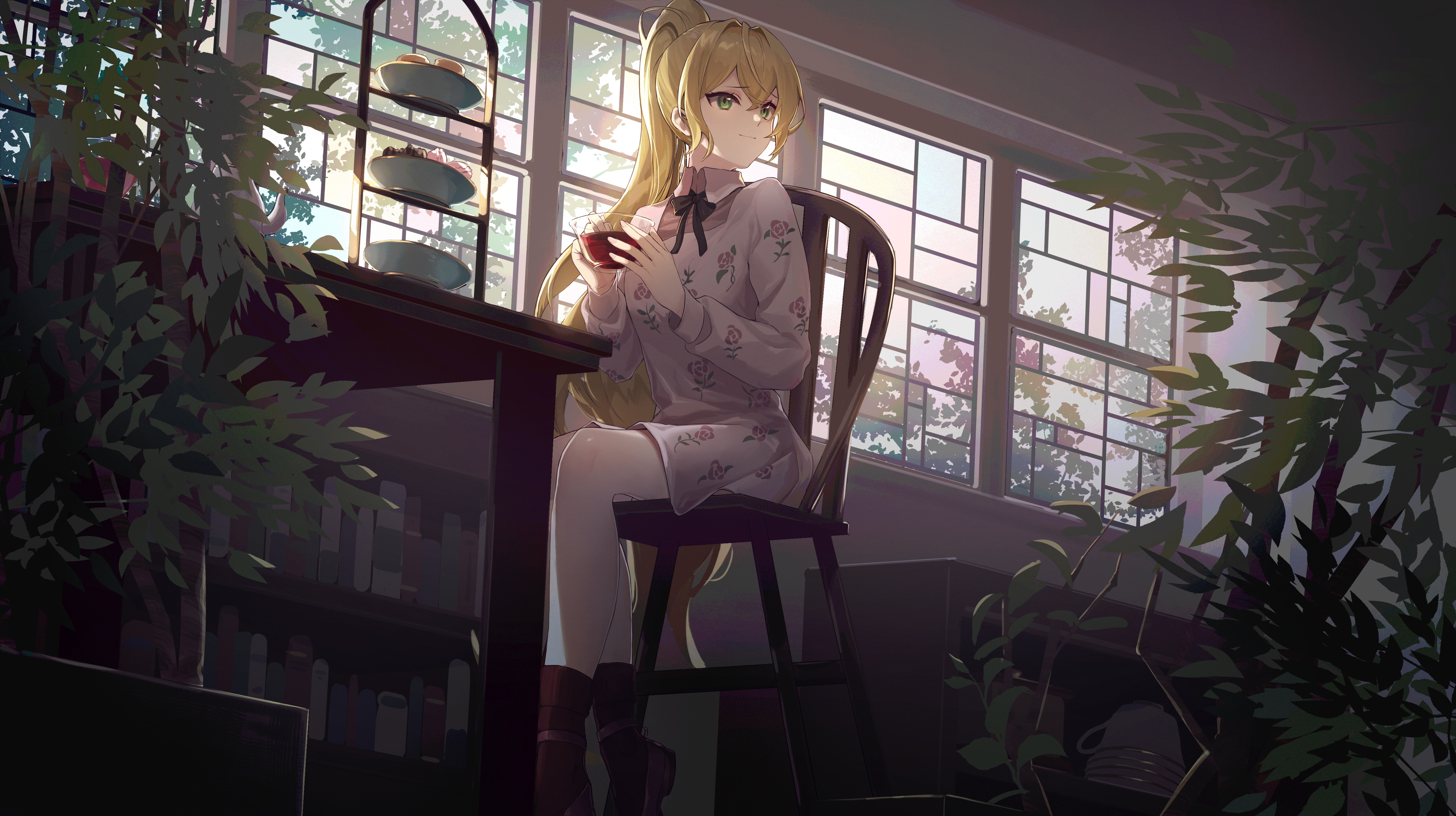 4K blonde woman with ponytail drinking tea indoors HD Wallpaper