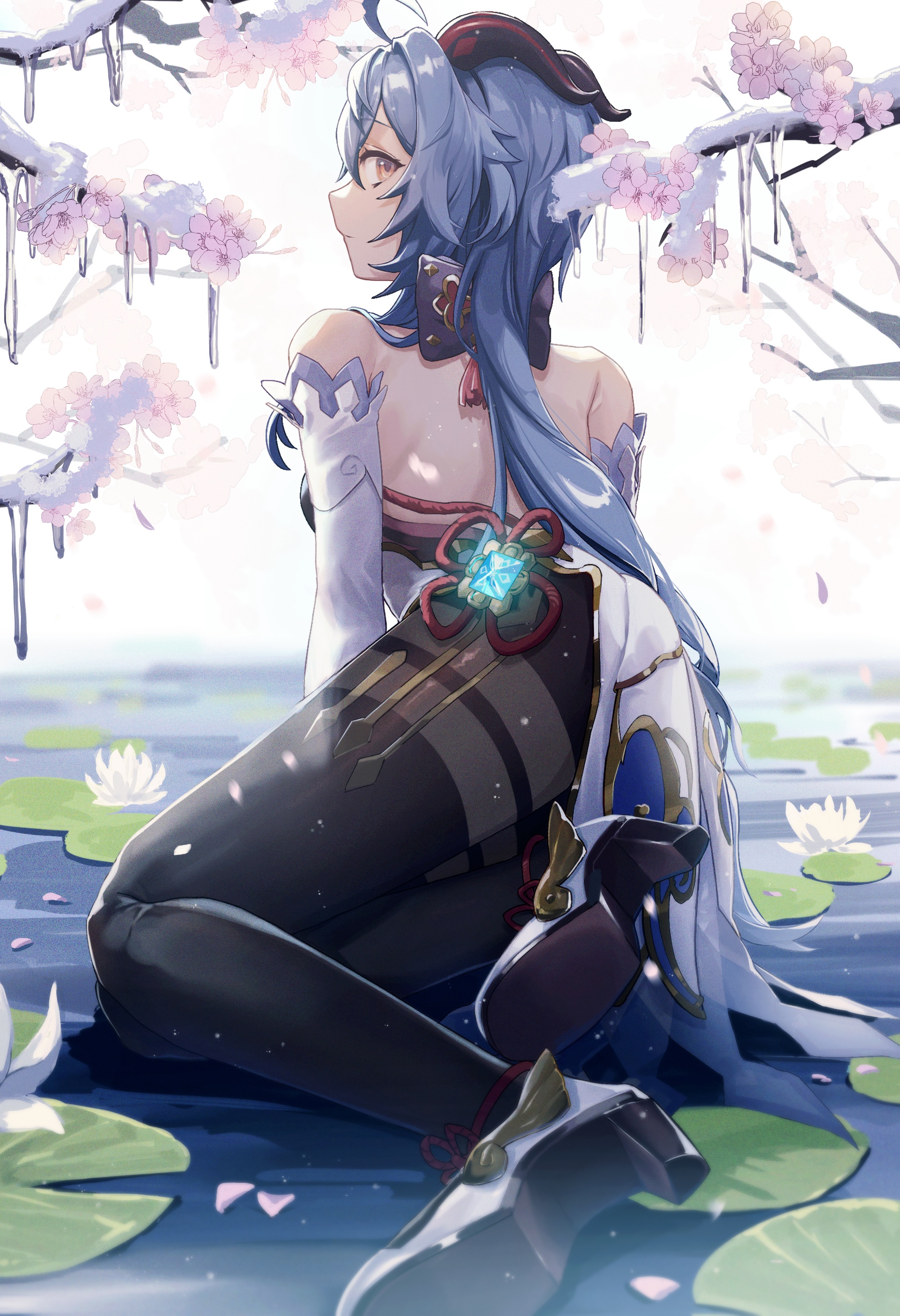 Ganyu from Genshin Impact sitting by water HD Phone Wallpaper