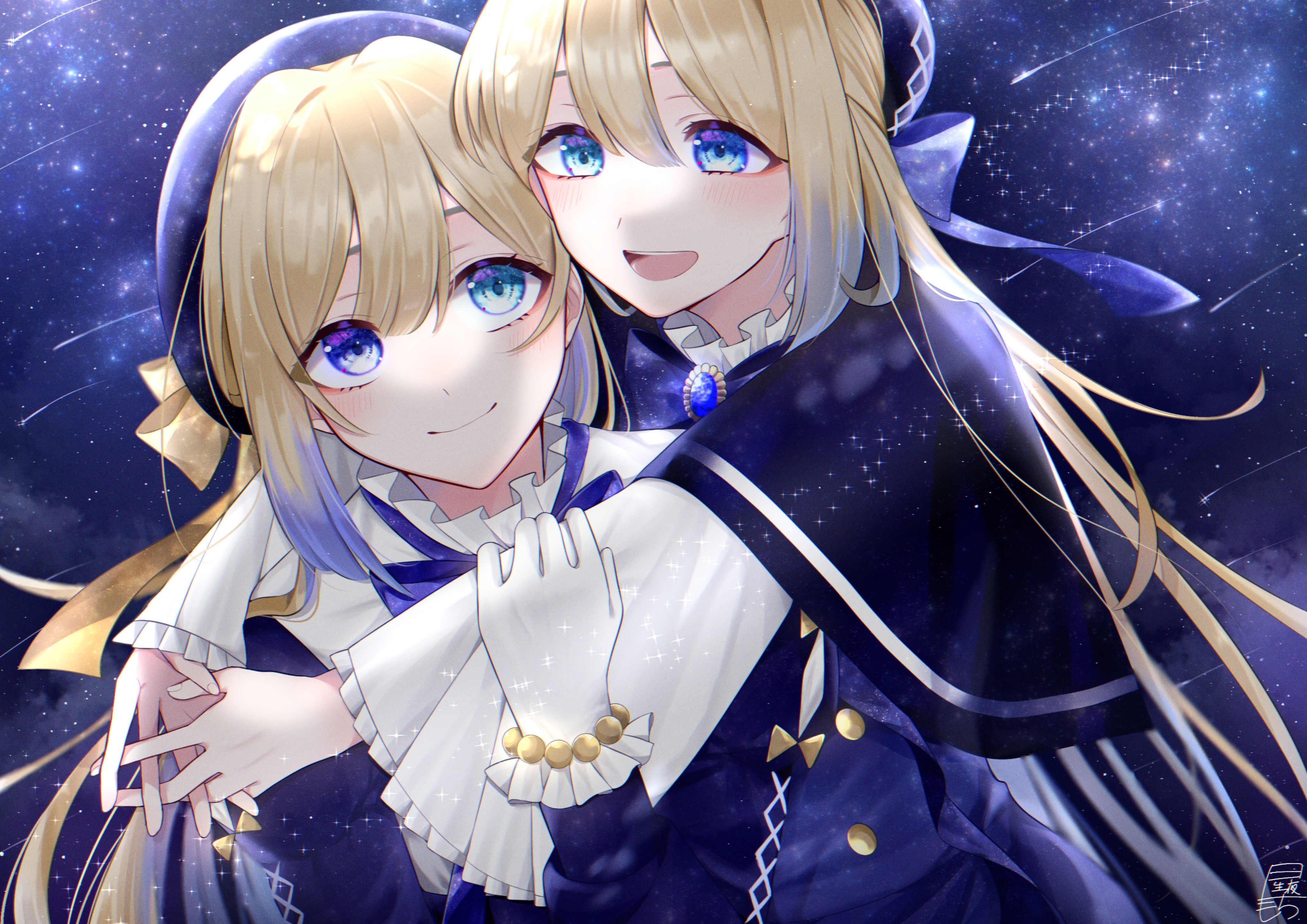 Two girls with blue eyes hugging under a starry sky HD Wallpaper