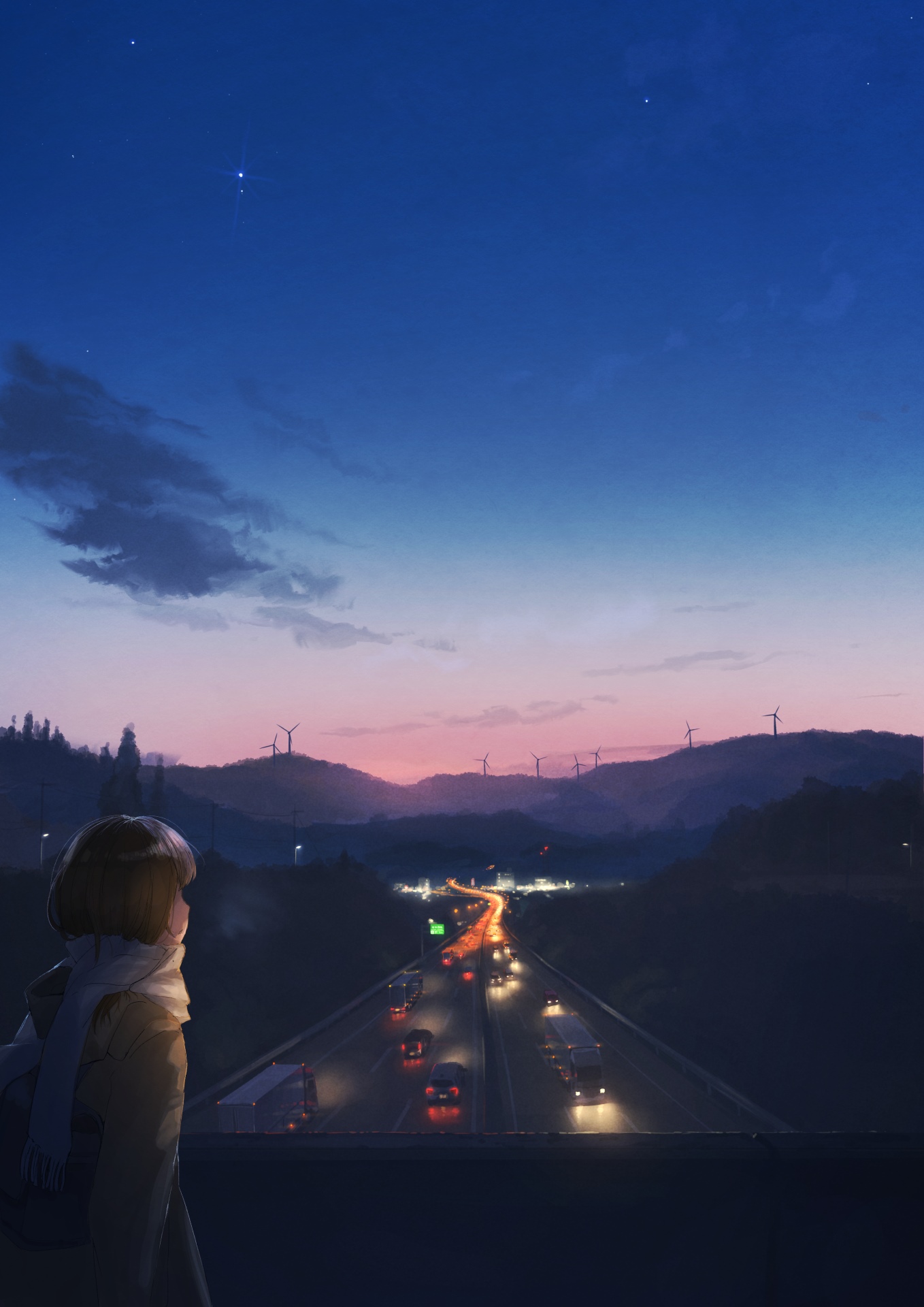 Girl looking at a highway at dusk with wind turbines HD Phone Wallpaper