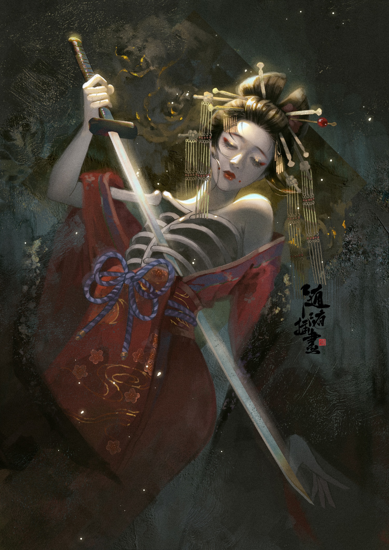 Geisha with skeleton and sword HD Phone Wallpaper