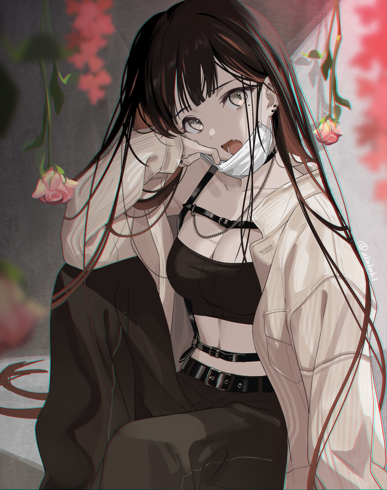 Anime girl with mask and roses HD Phone Wallpaper