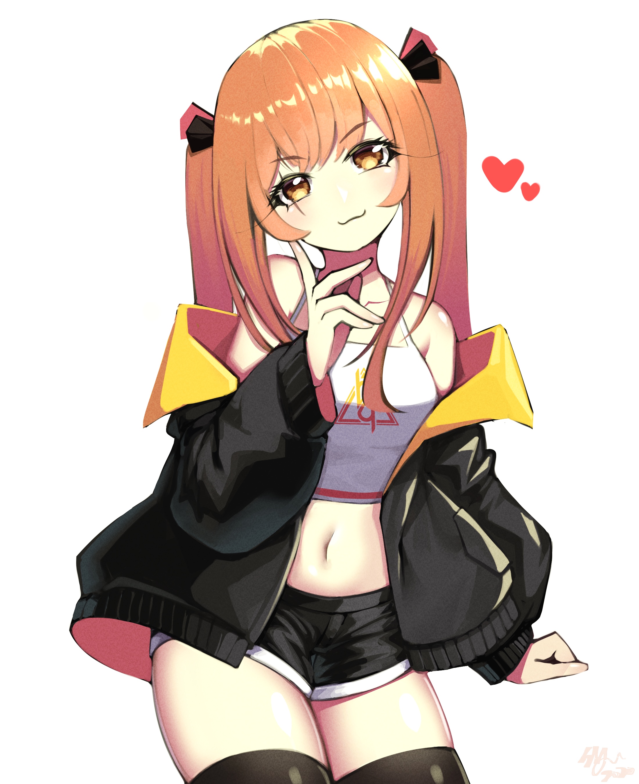 Anime girl with orange pigtails wearing shorts and jacket HD Phone Wallpaper