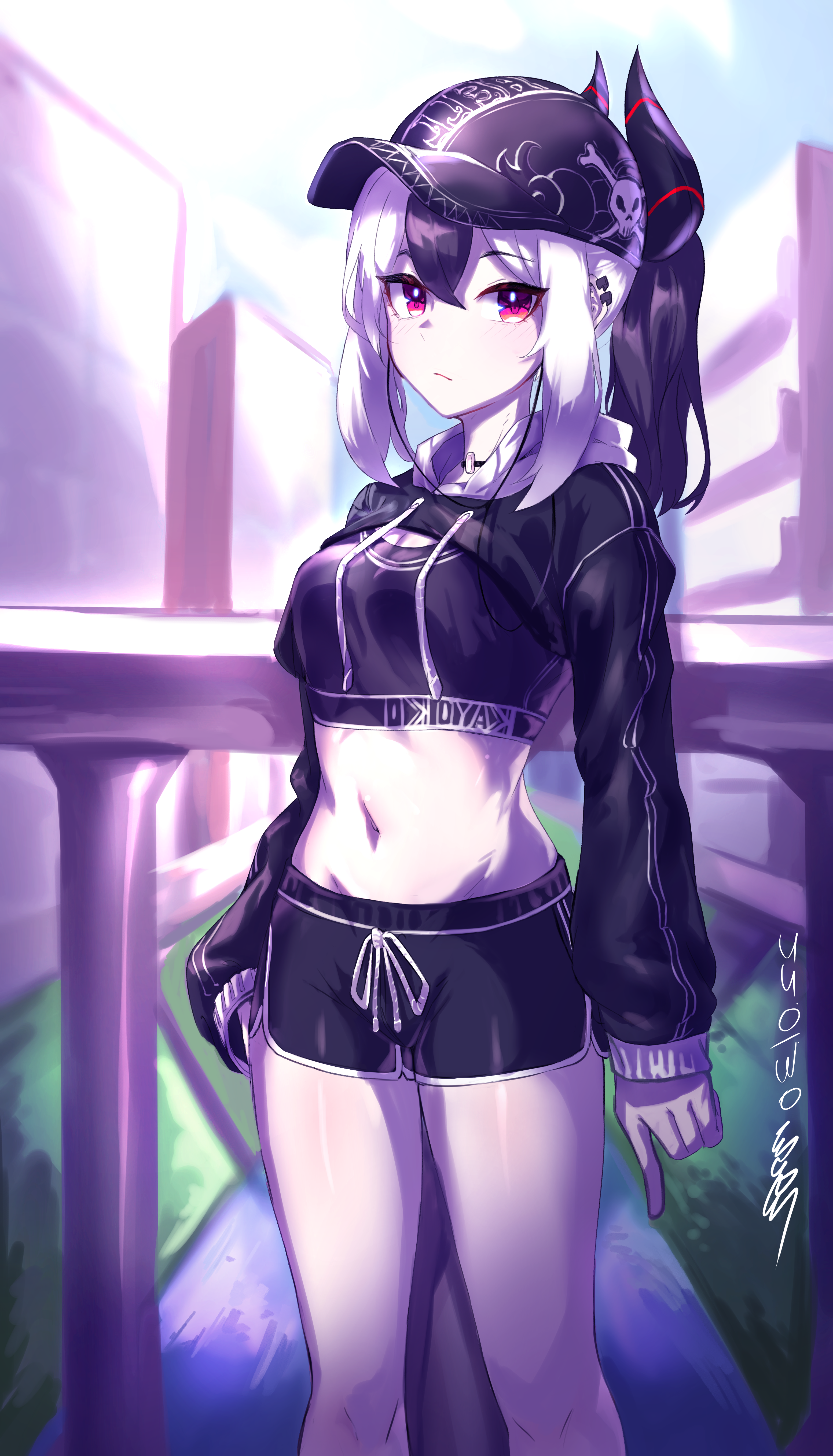 Girl with purple hair wearing a black hat and shorts HD Phone Wallpaper