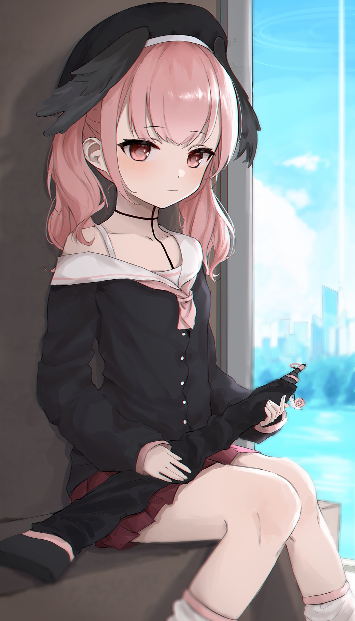 Girl with pink hair and black hat by the window HD Phone Wallpaper