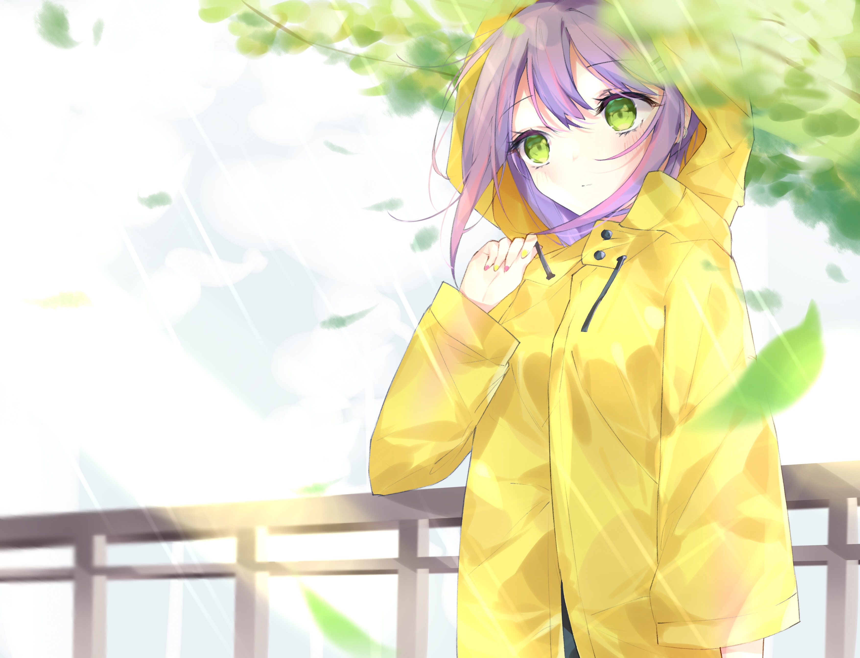 Girl with purple hair in a yellow raincoat HD Wallpaper
