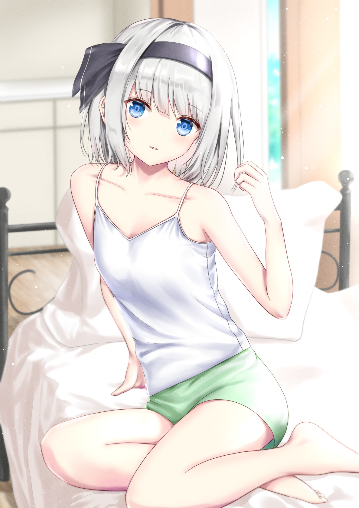 Anime girl with silver hair and blue eyes in bed HD Phone Wallpaper