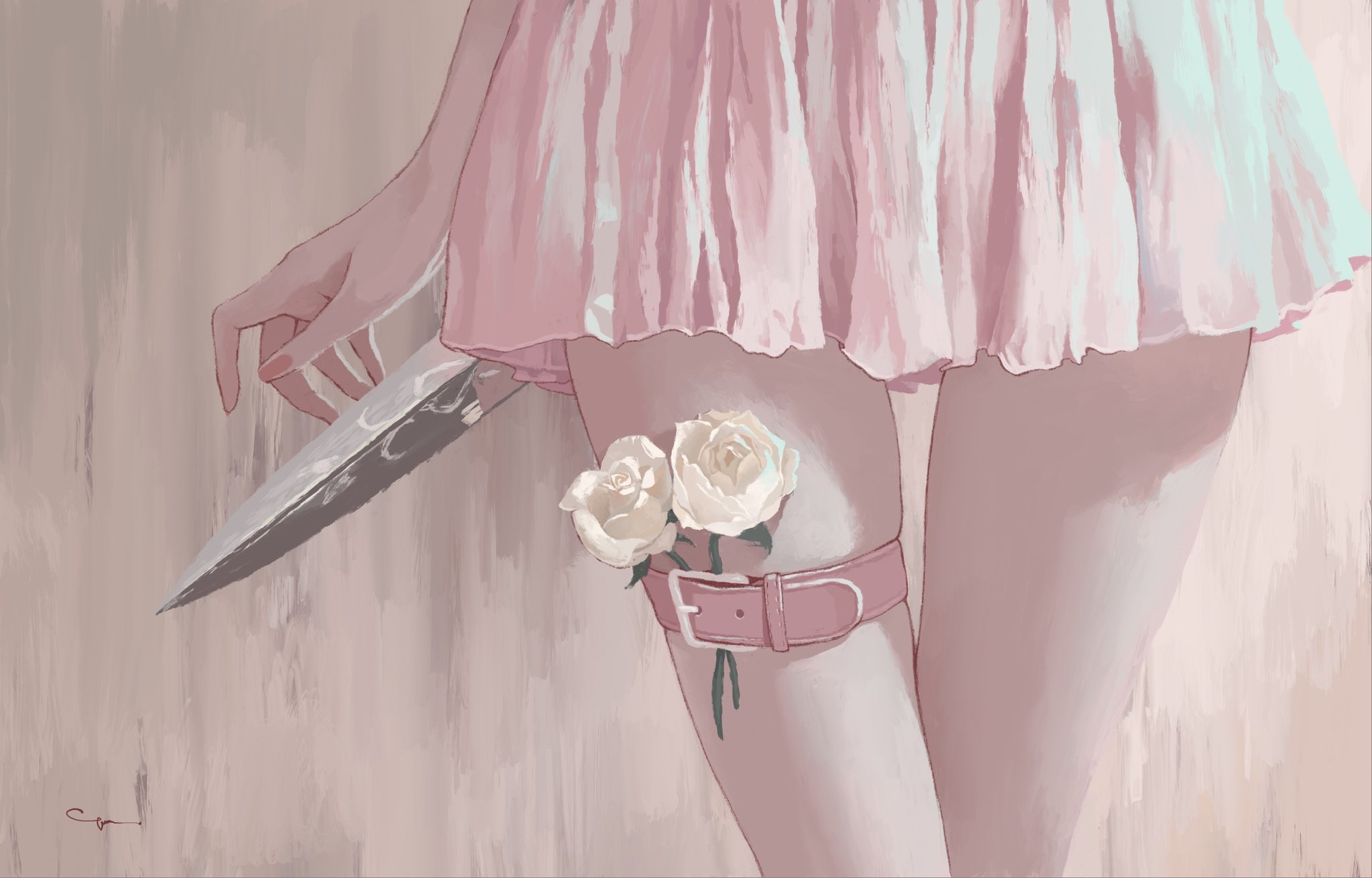 Woman in pink dress holding a knife HD Wallpaper