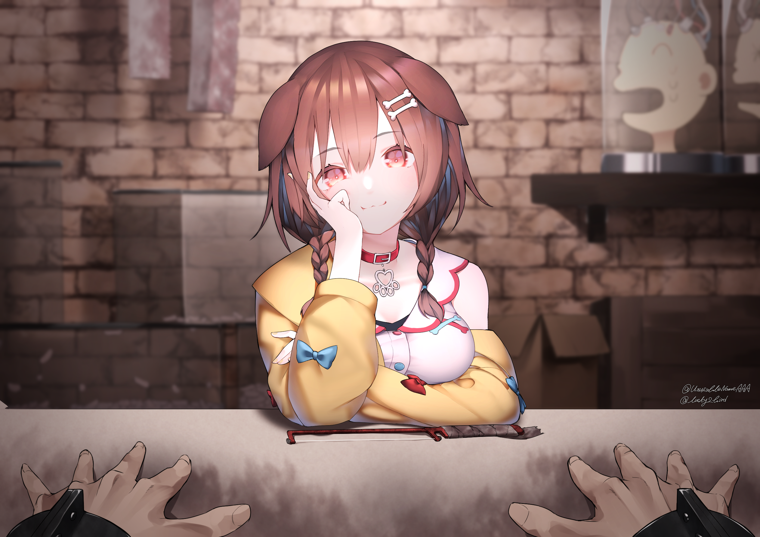 Inugami Korone leans on a table with hands in front HD Wallpaper