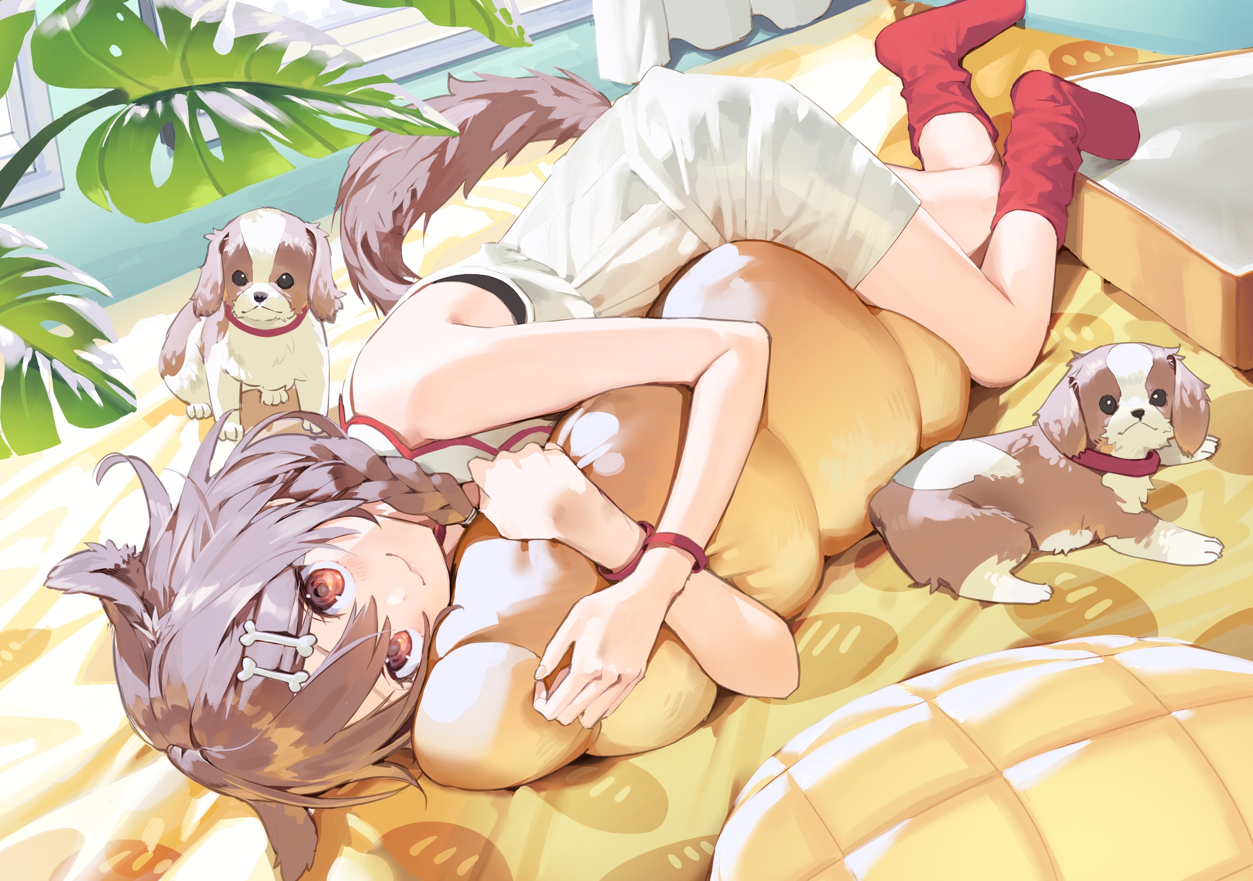 Inugami Korone with dogs on a bed HD Wallpaper