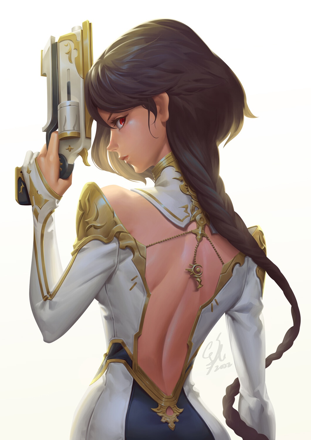 Woman with a gun and backless dress HD Phone Wallpaper